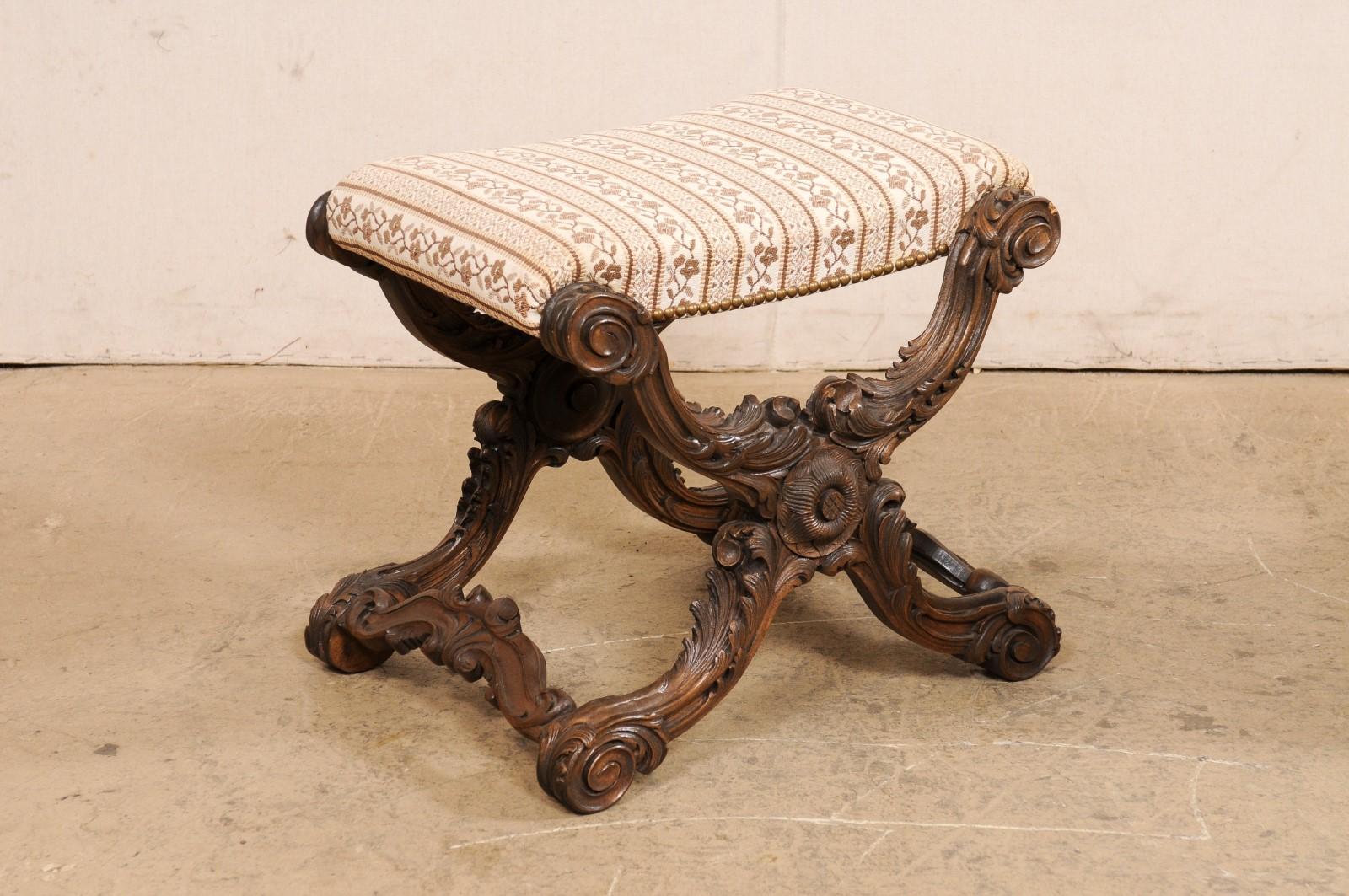 French Pair of Ornately-Carved Wood Stools w/Upholstered Seats, Circa 1880's In Good Condition For Sale In Atlanta, GA