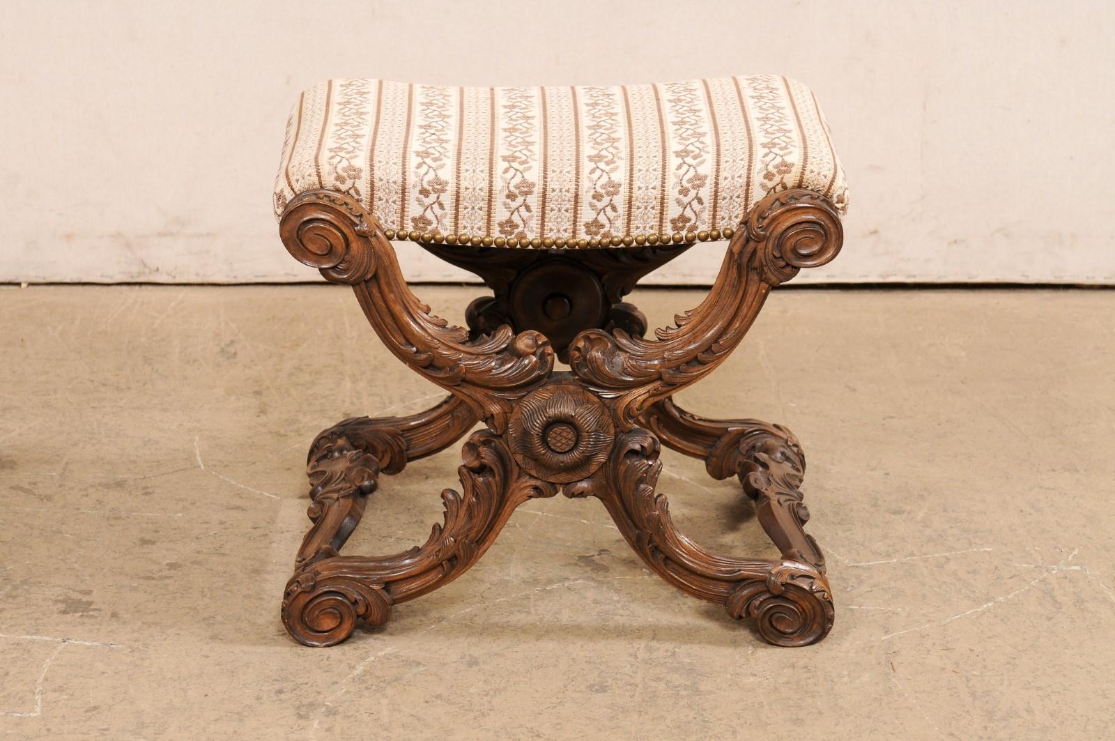 19th Century French Pair of Ornately-Carved Wood Stools w/Upholstered Seats, Circa 1880's For Sale