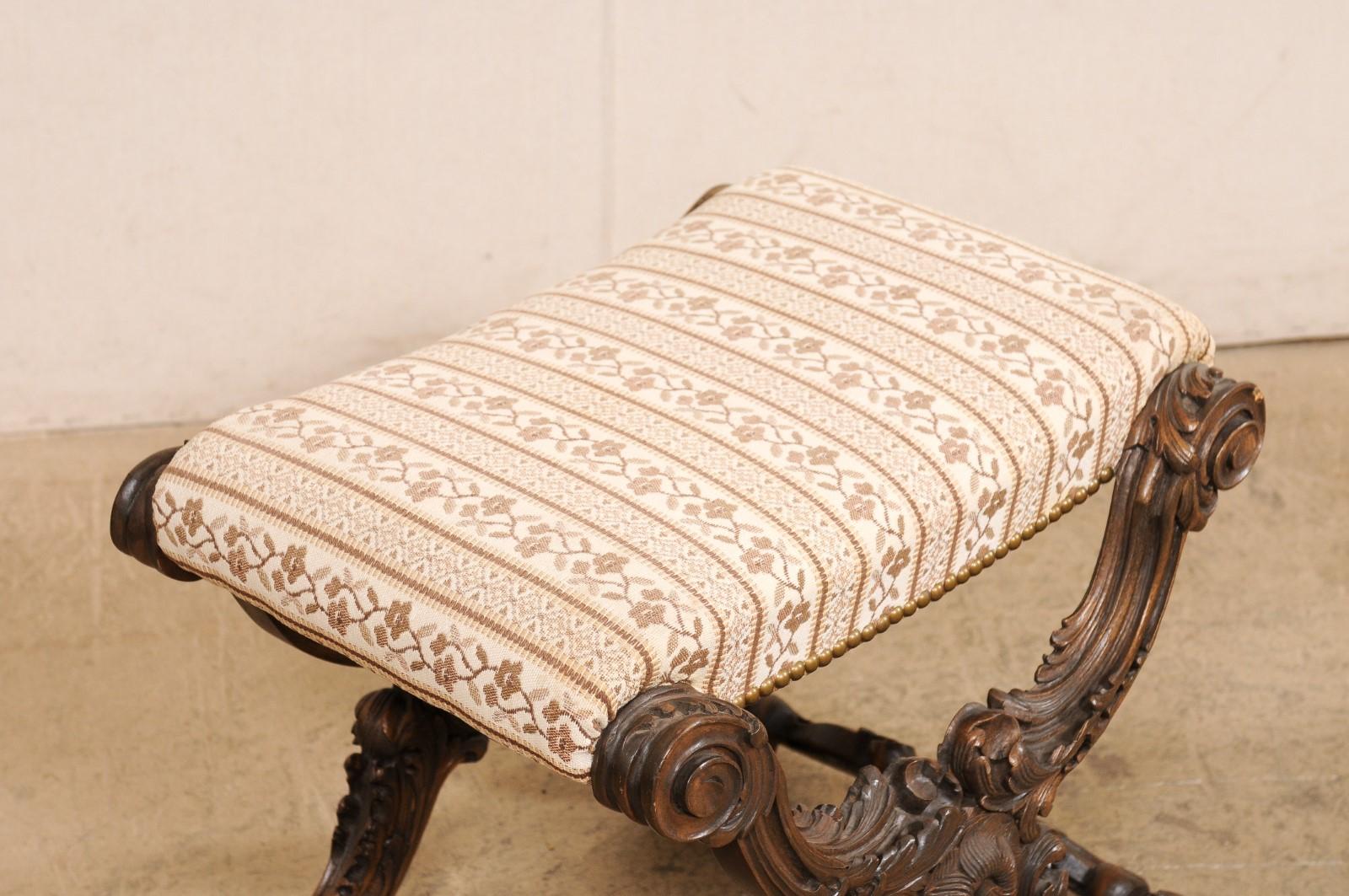 French Pair of Ornately-Carved Wood Stools w/Upholstered Seats, Circa 1880's For Sale 1
