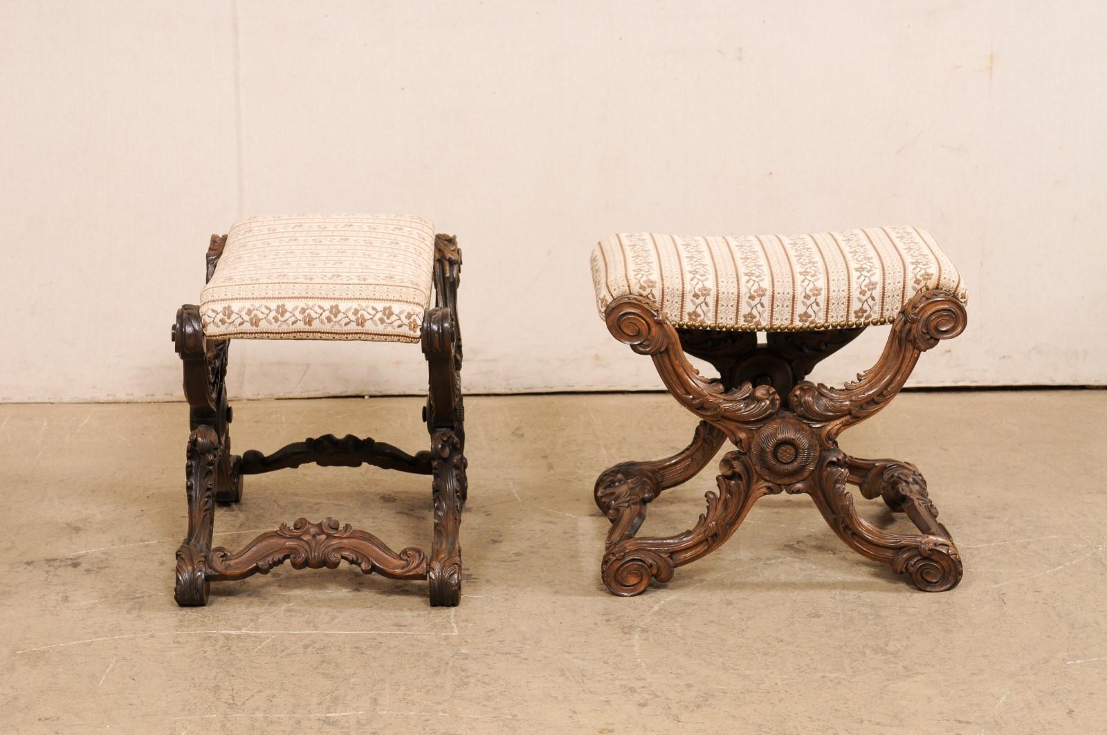 French Pair of Ornately-Carved Wood Stools w/Upholstered Seats, Circa 1880's For Sale 3