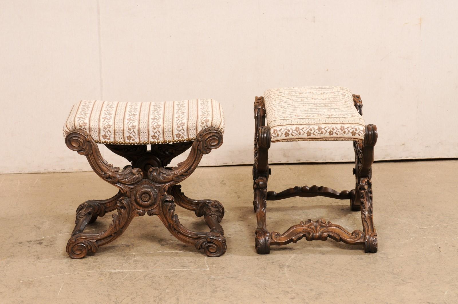 French Pair of Ornately-Carved Wood Stools w/Upholstered Seats, Circa 1880's For Sale 4
