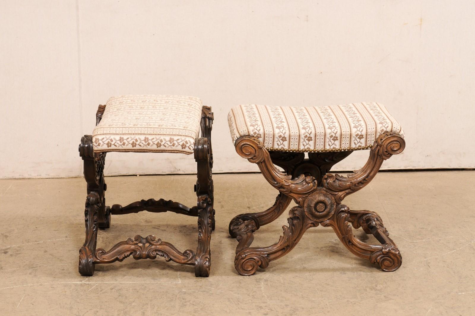 French Pair of Ornately-Carved Wood Stools w/Upholstered Seats, Circa 1880's For Sale 5