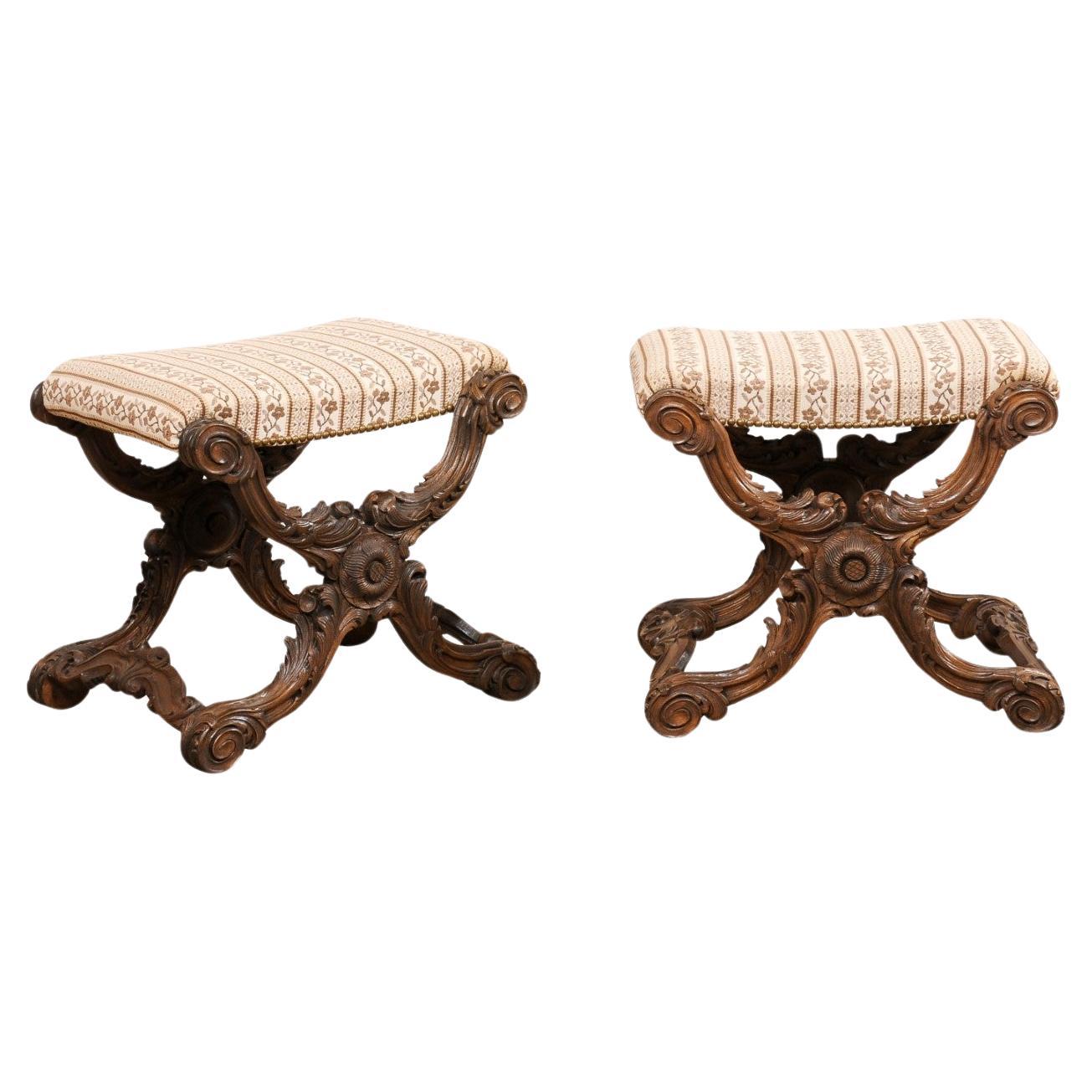 French Pair of Ornately-Carved Wood Stools w/Upholstered Seats, Circa 1880's For Sale