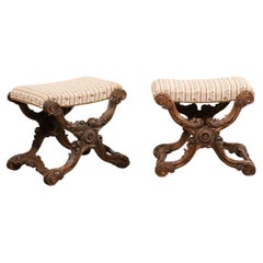 French Pair of Ornately-Carved Wood Stools w/Upholstered Seats, Circa 1880's