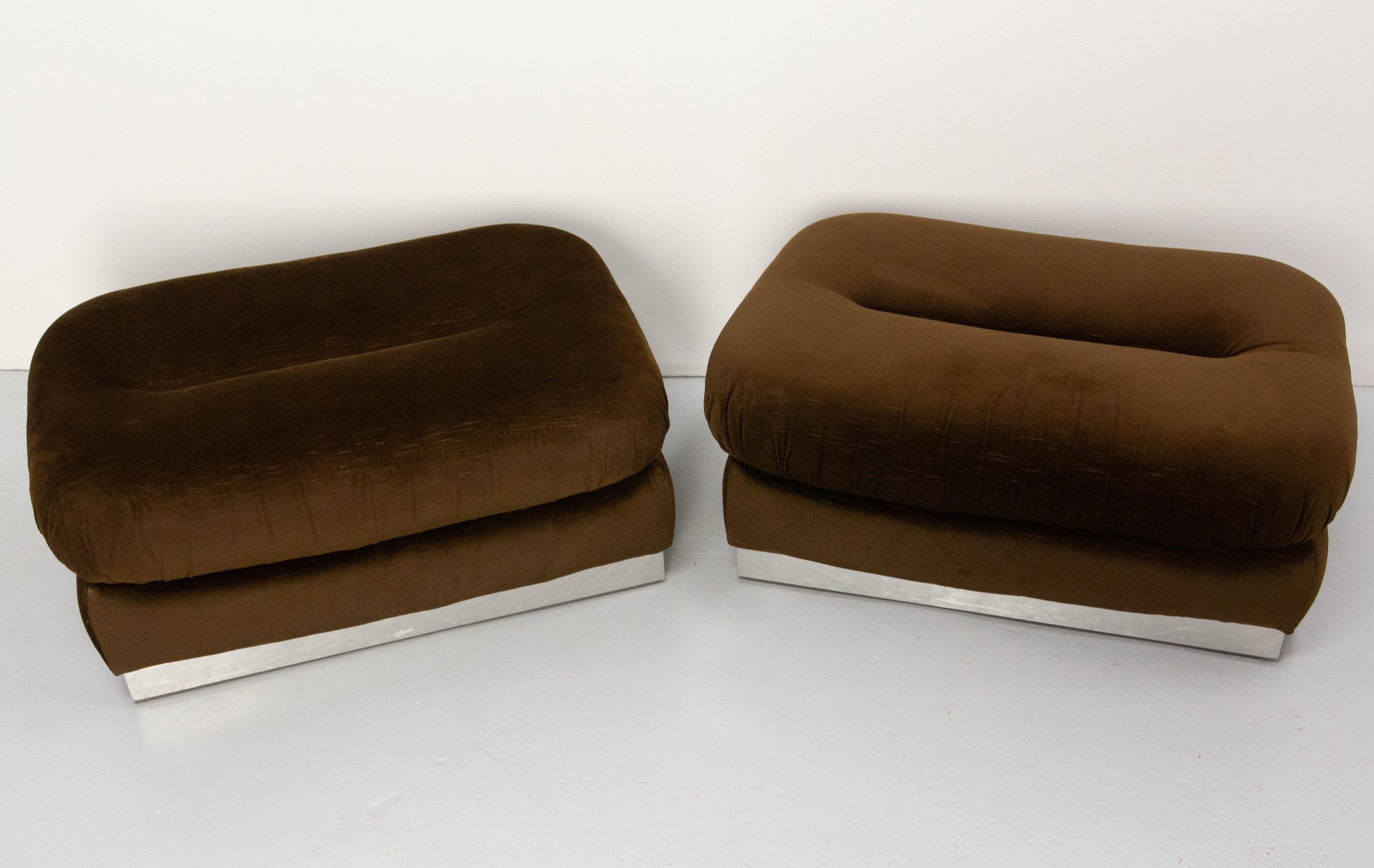 Mid-Century Modern French Pair of Ottoman Chrome Velvet & Upholstery Poufs Mid-Century, circa 1970