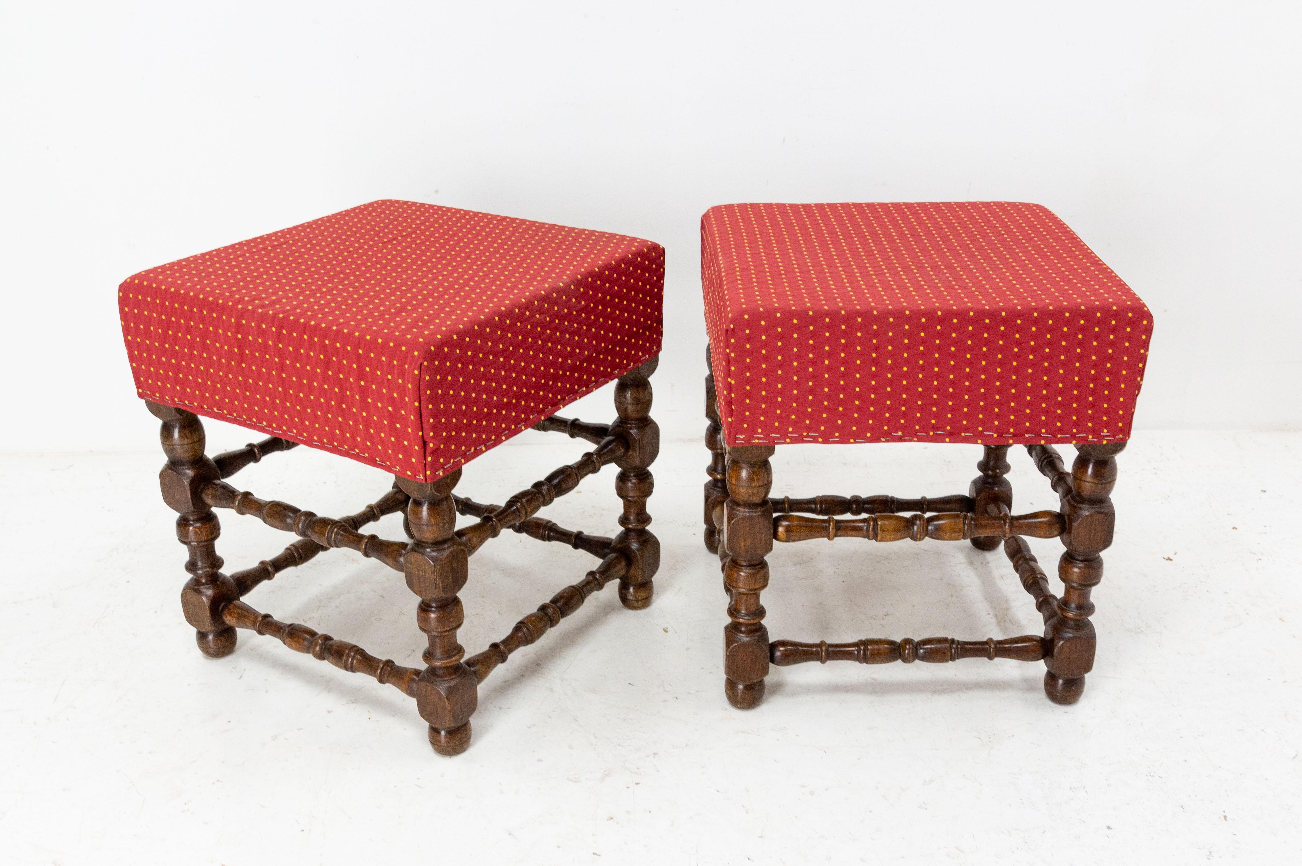 Mid-20th Century French Pair of Ottoman Poufs or Stools Louis XIII Style, circa 1950 For Sale