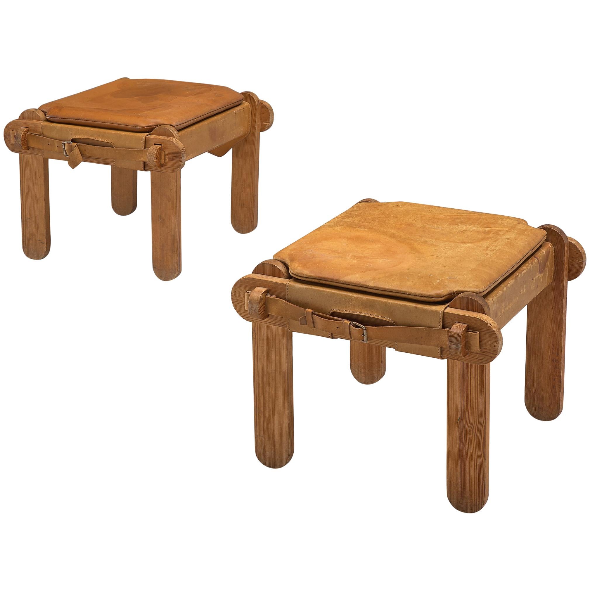 French Pair of Ottomans  in Cognac Leather
