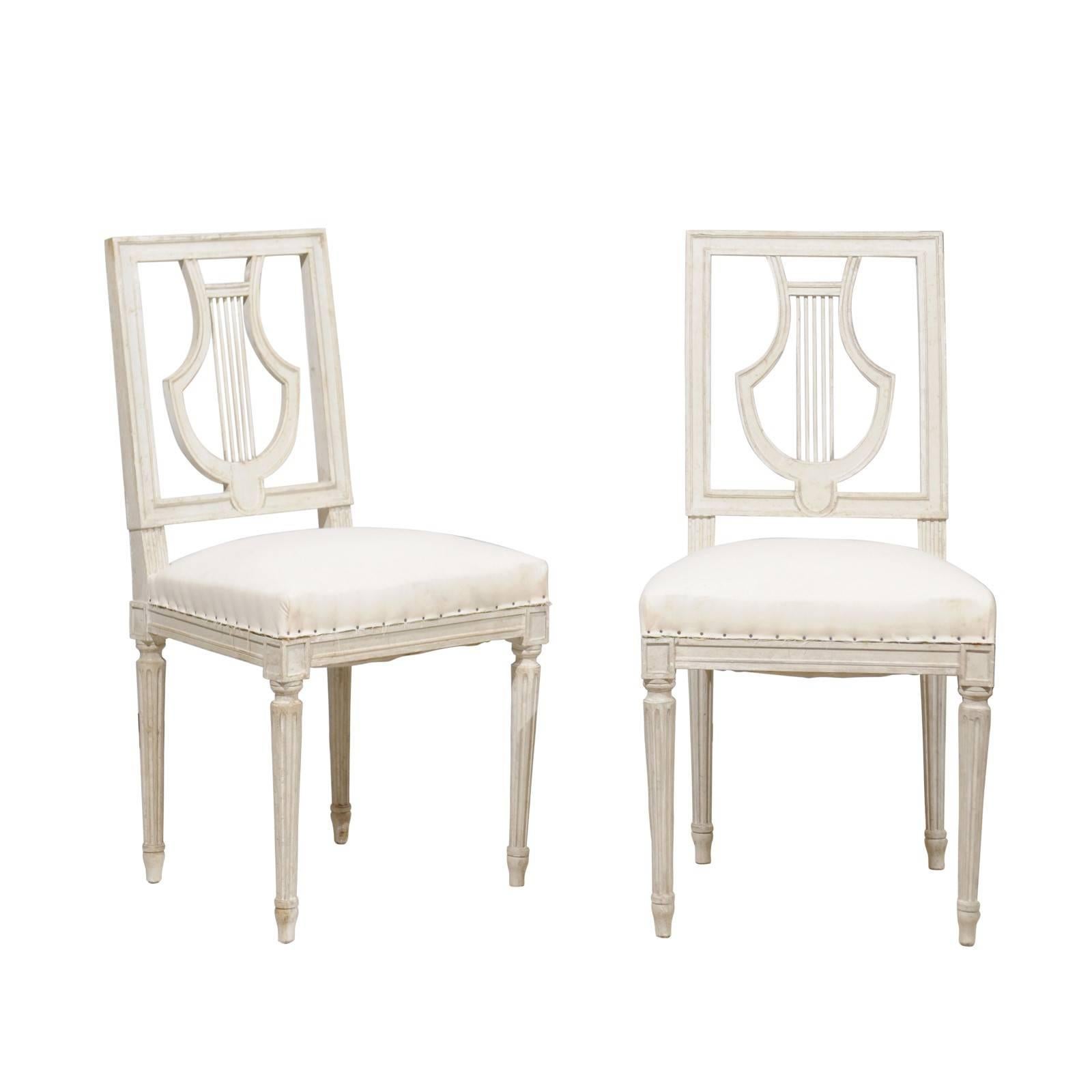 French Pair of Painted Dining Chairs with Lyre-Shaped Backs, Early 20th Century