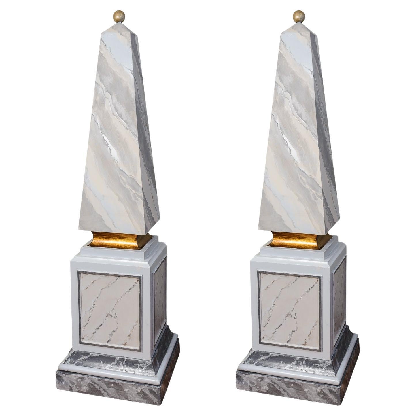 Pair of French Painted Wood Faux Marble Obelisks, 72" Tall.