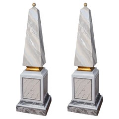 Pair of French Painted Wood Faux Marble Obelisks, 72" Tall.