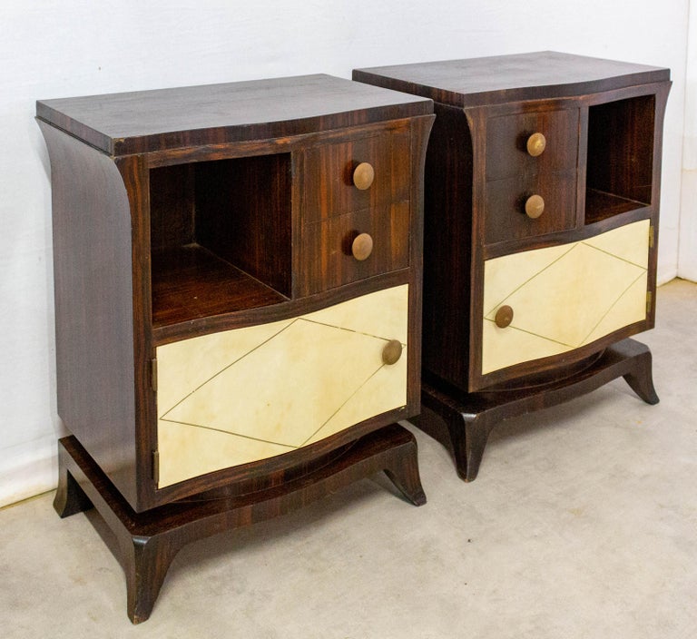 French parchment side cabinets nightstand bedside tables
Nightstands midcentury
Rosewood
Good condition

Shipping: 
1 pack: 67/53/67 cm 37 kg.