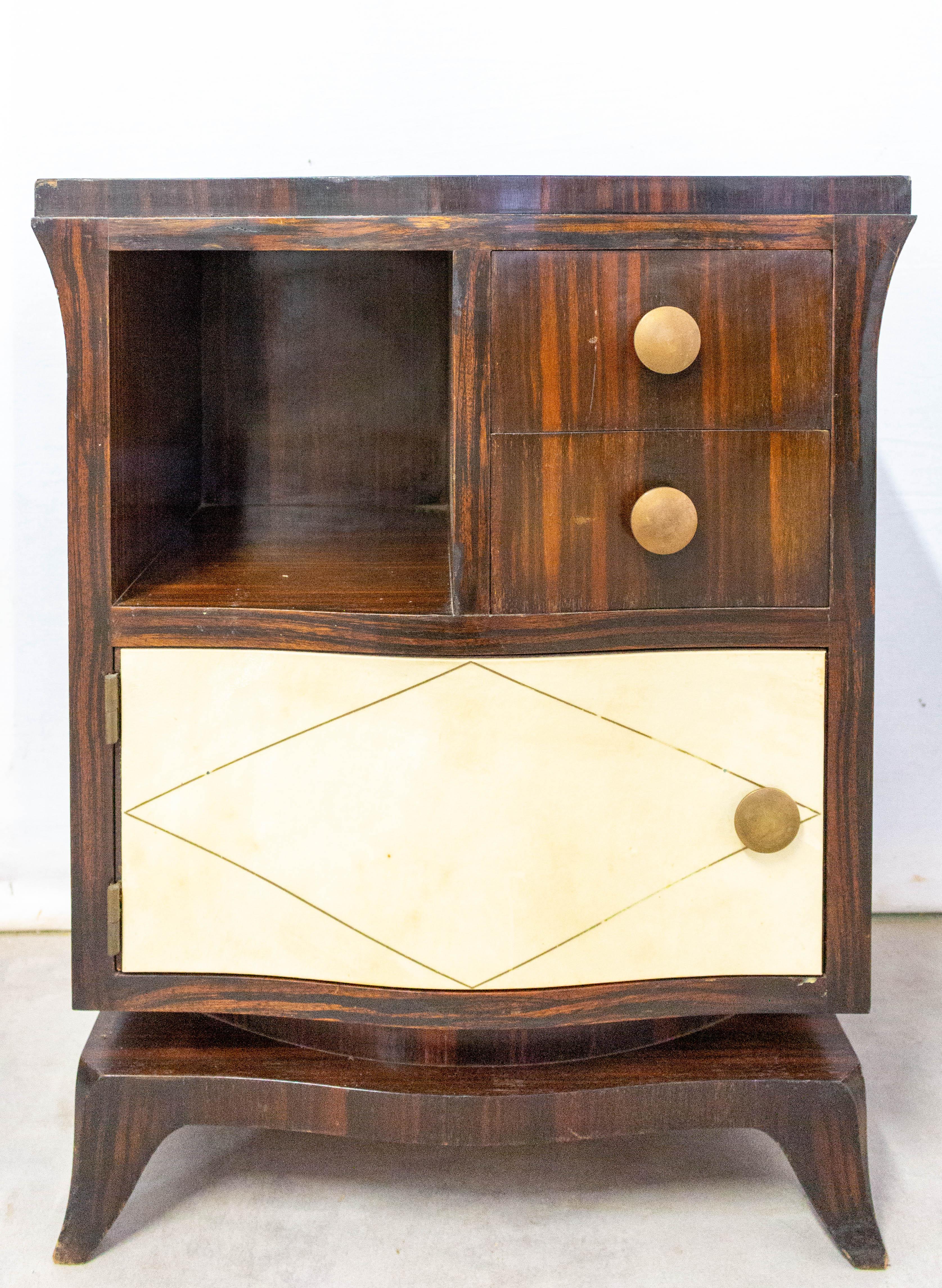 Mid-Century Modern French Pair of Parchment Nightstands Side Cabinets Bedside Tables, circa 1940