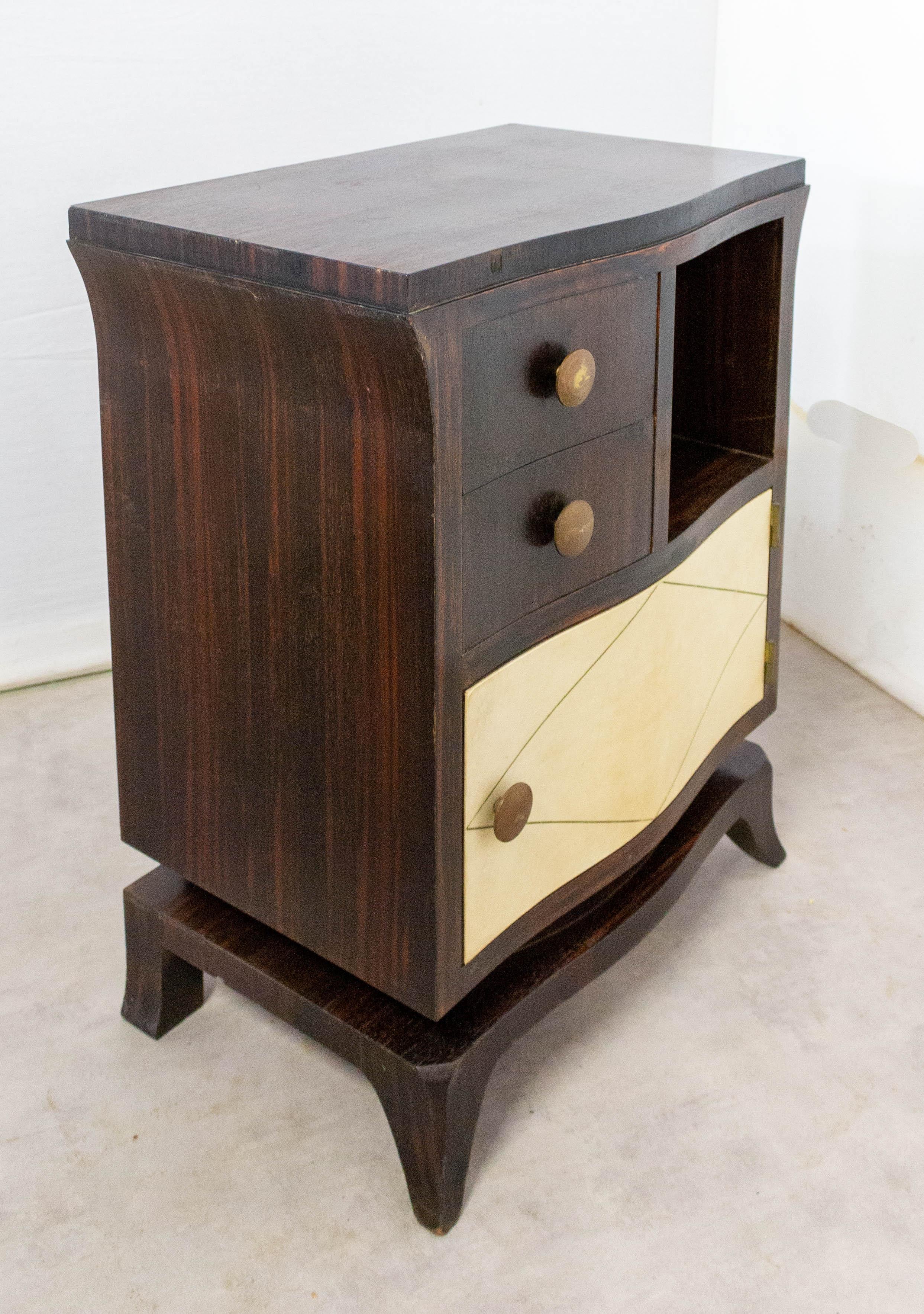 Wood French Pair of Parchment Nightstands Side Cabinets Bedside Tables, circa 1940