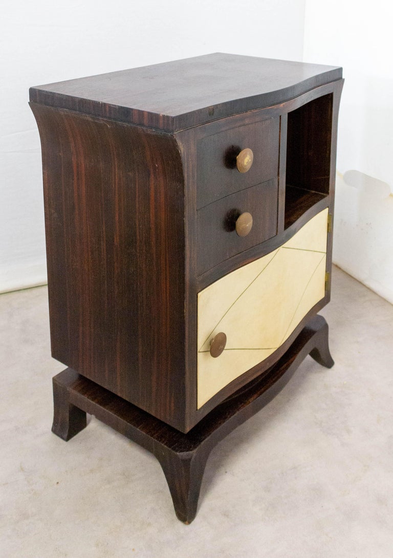 Wood French Pair of Parchment Nightstands Side Cabinets Bedside Tables, circa 1940 For Sale