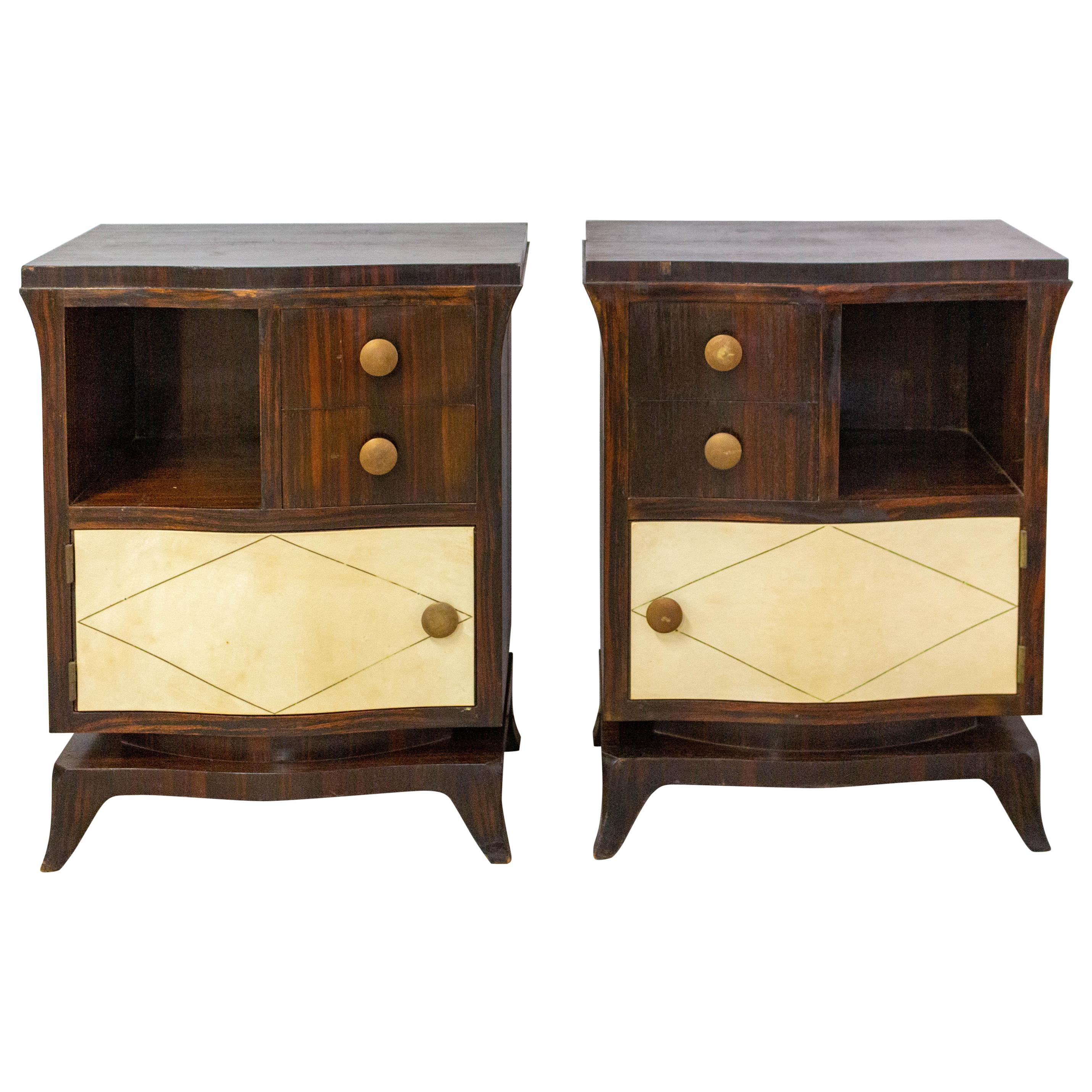 French Pair of Parchment Nightstands Side Cabinets Bedside Tables, circa 1940