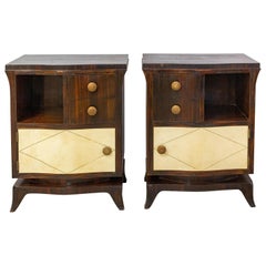 Vintage French Pair of Parchment Nightstands Side Cabinets Bedside Tables, circa 1940