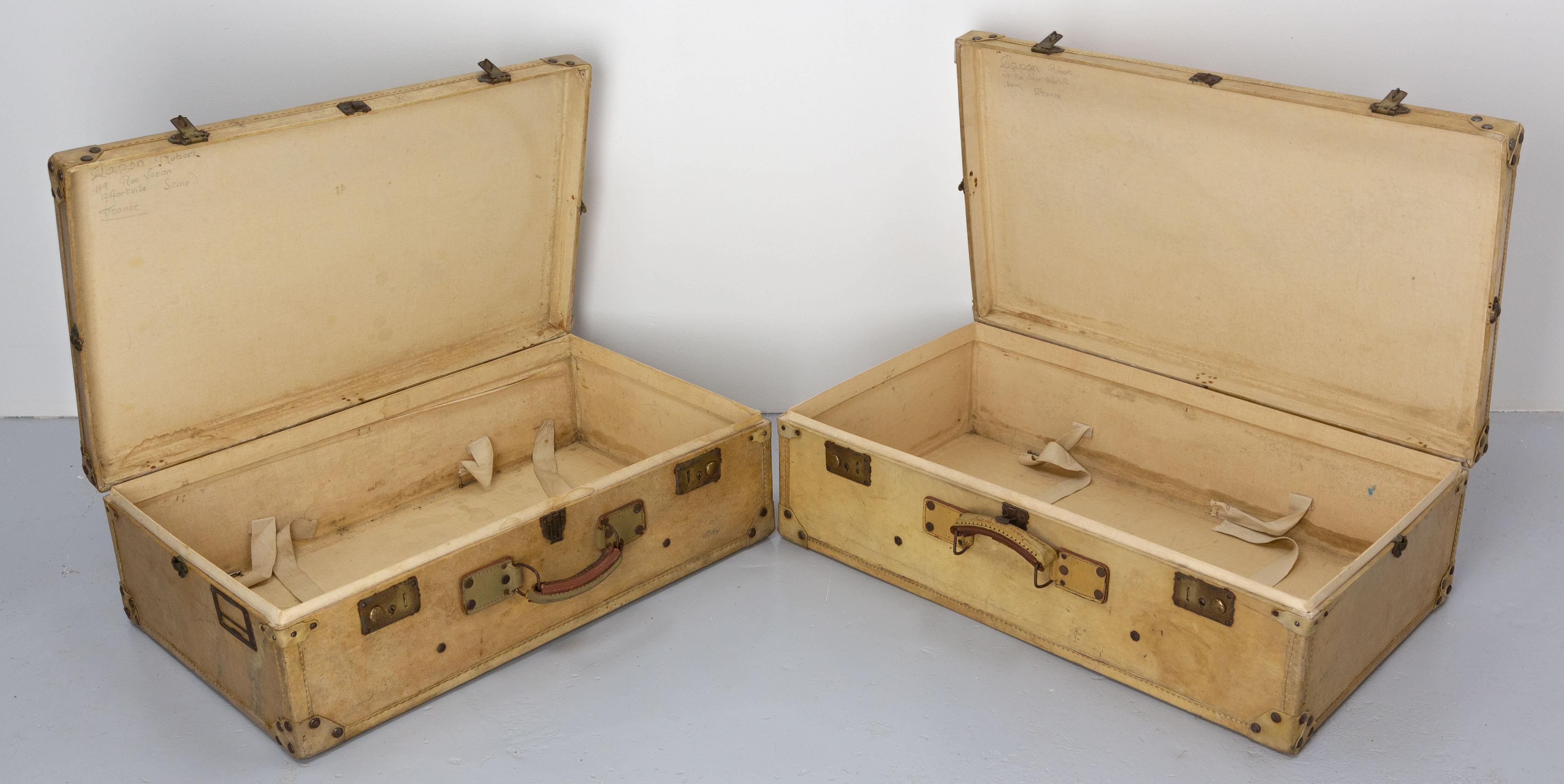 French Pair of Parchment Suit Cases Trunks, circa 1930 For Sale 8