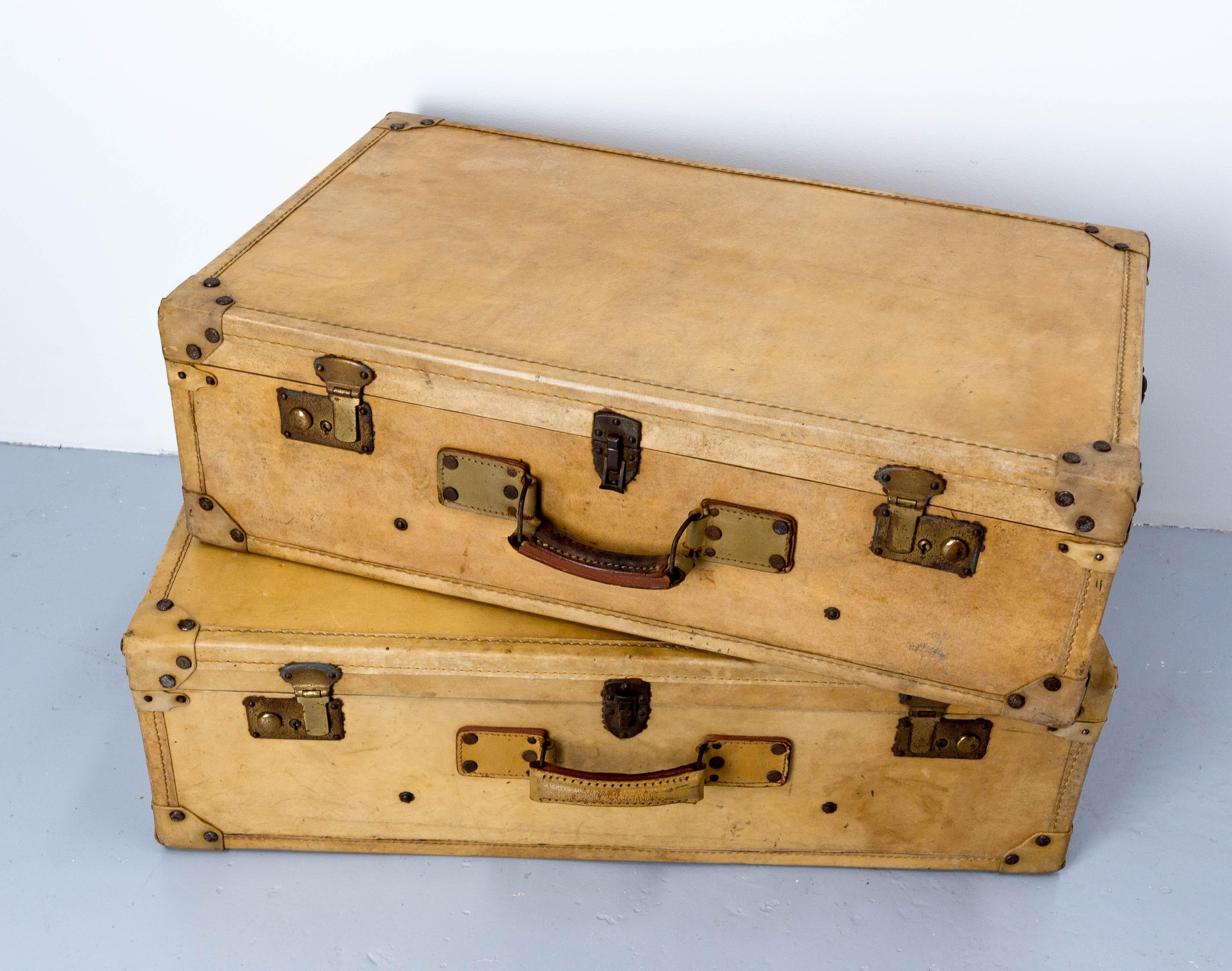 Mid-Century Modern French Pair of Parchment Suit Cases Trunks, circa 1930 For Sale