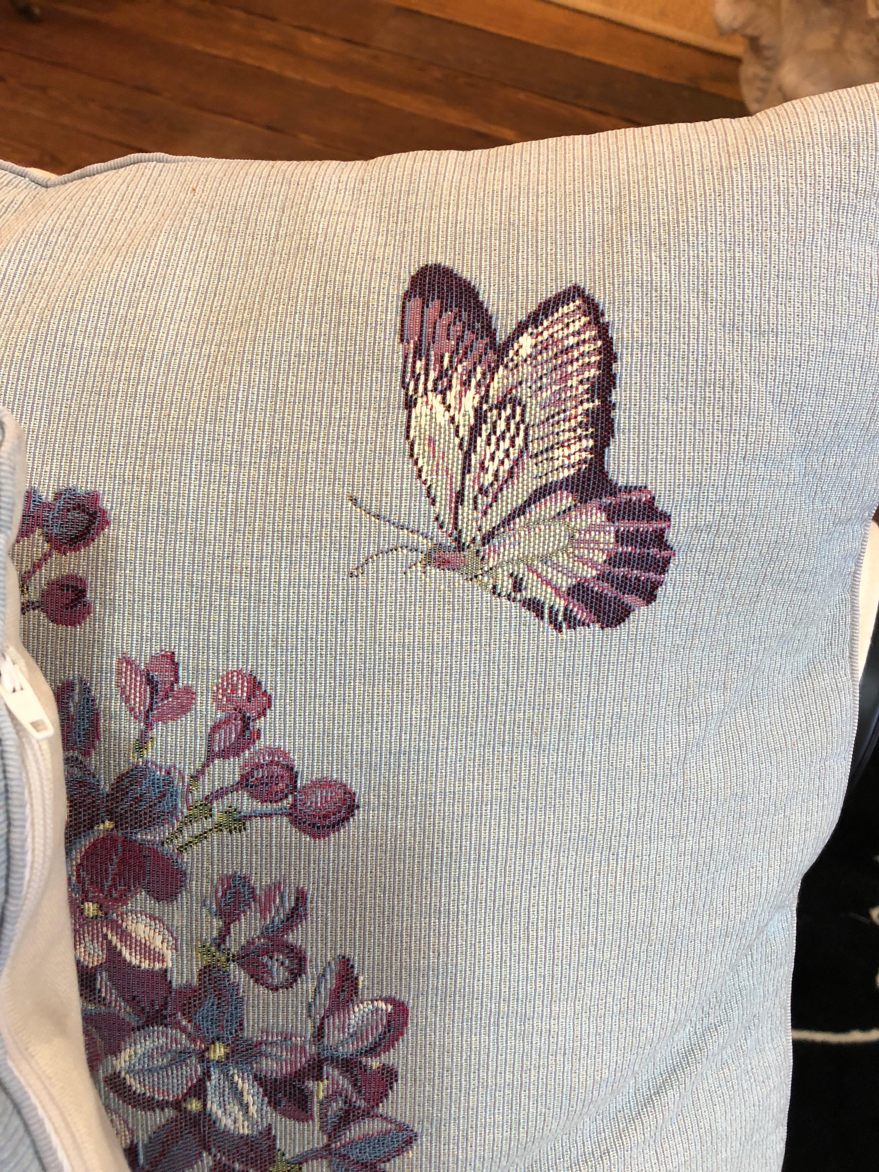 French Pair of Pastel Butterfly and Lilac Motif Tapestry Pillows 1