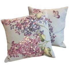 French Pair of Pastel Butterfly and Lilac Motif Tapestry Pillows