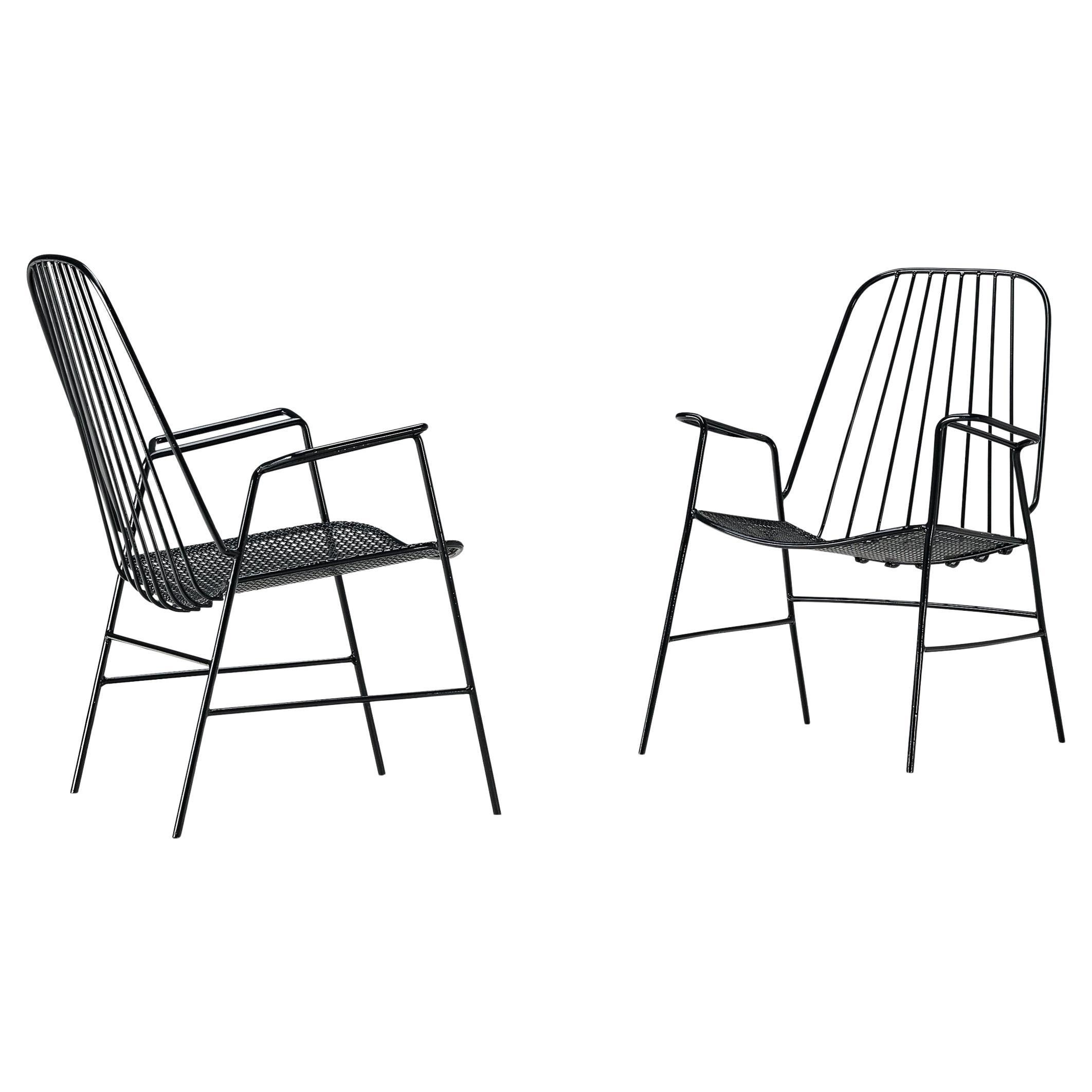 French Pair of Patio Chairs in Black Lacquered Iron 