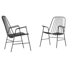 Retro French Pair of Patio Chairs in Black Lacquered Iron 