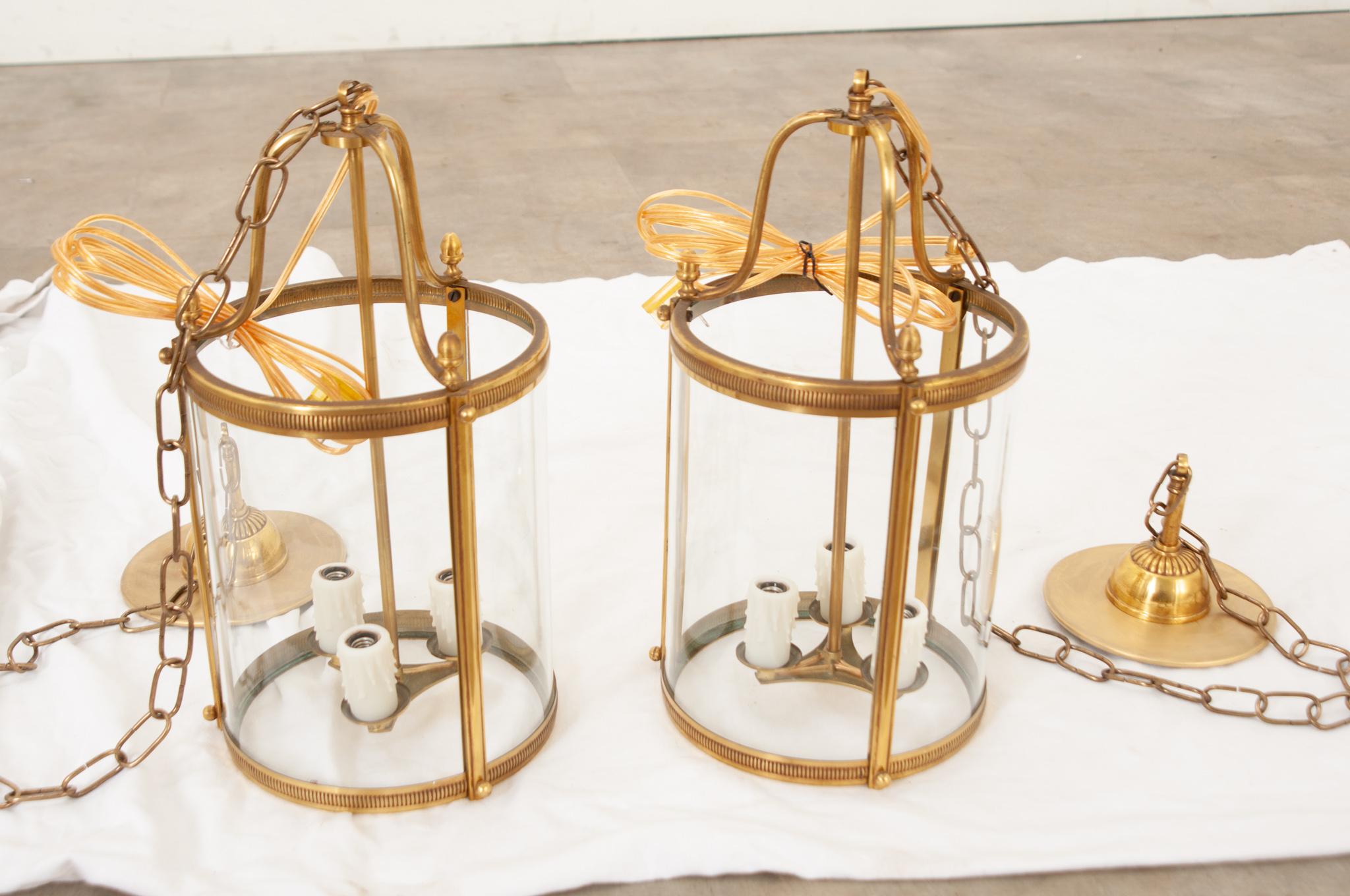 Metalwork French Pair of Petite Brass Lanterns