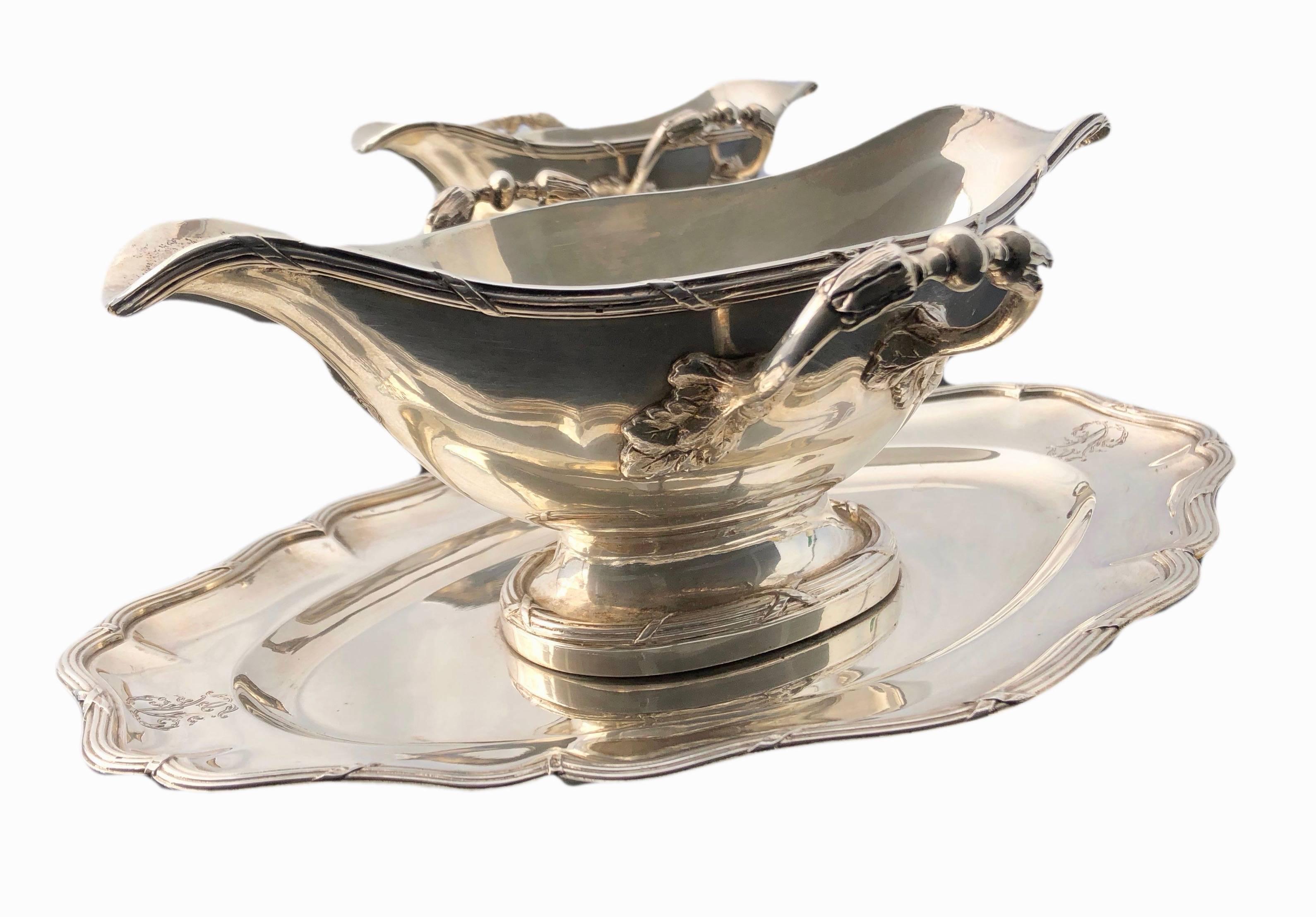 This is a beautiful pair of plated silver saucers each with their own attached tray and gorgeous engraved design on each of the trays and the exterior lip of both saucers. Used for sauces on an elegant table or re-purposed for many other uses these