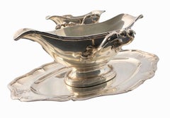 French Pair of Plated Silver Saucers with Attached Trays and Engraved Designs