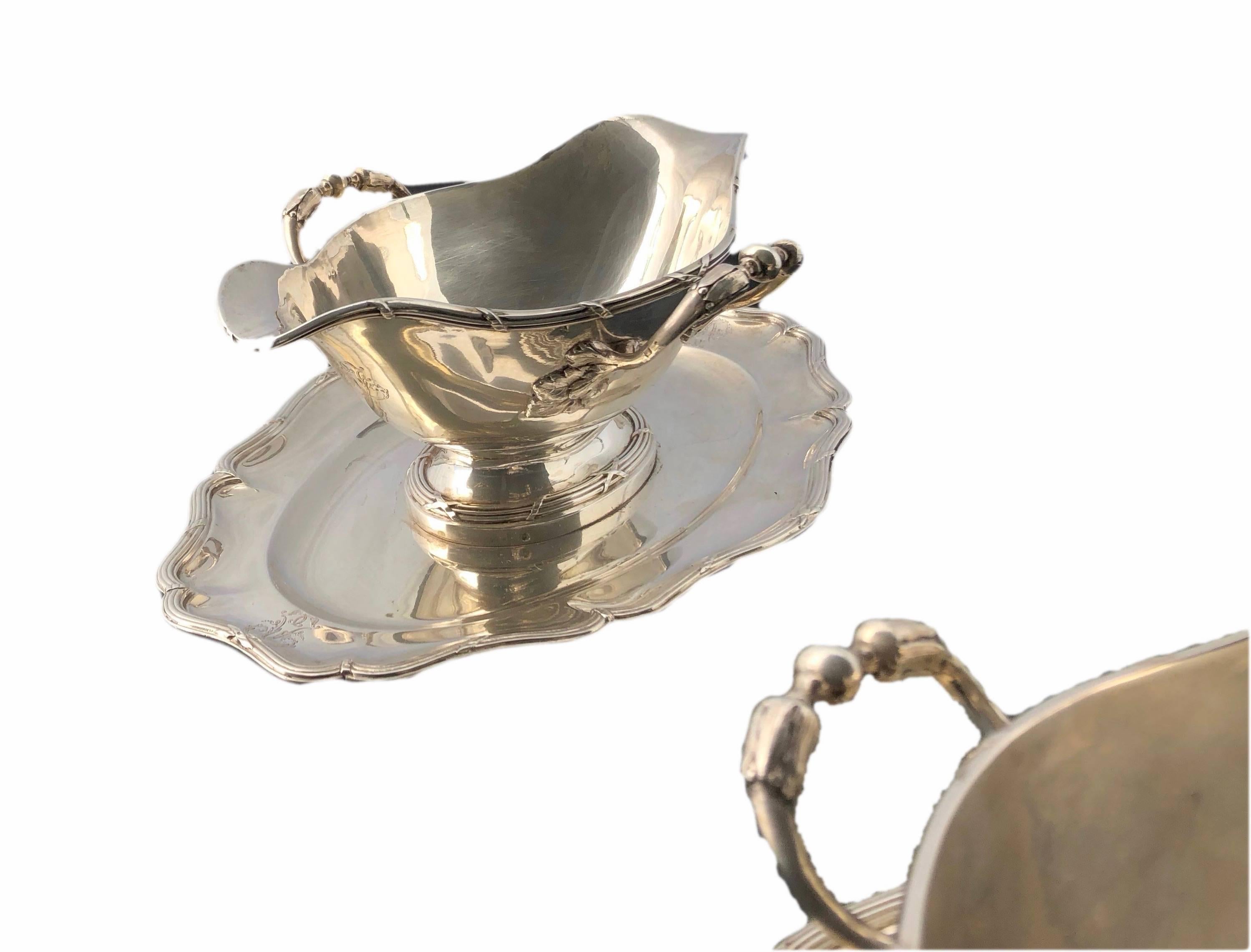 Louis XIV French Pair of Plated Silver Saucers with Attached Trays and Engraved Designs For Sale