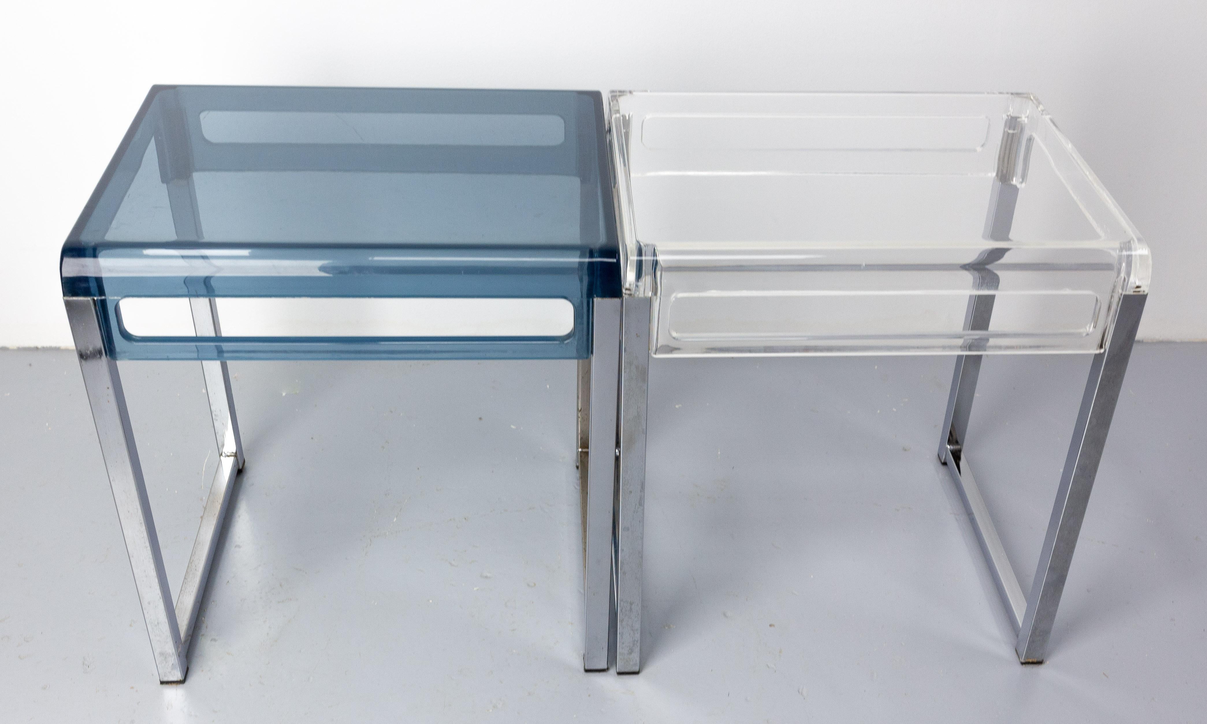 20th Century French Pair of Polycarbonate & Chrome Coffee Table or Nightstand Table, c. 1980 For Sale