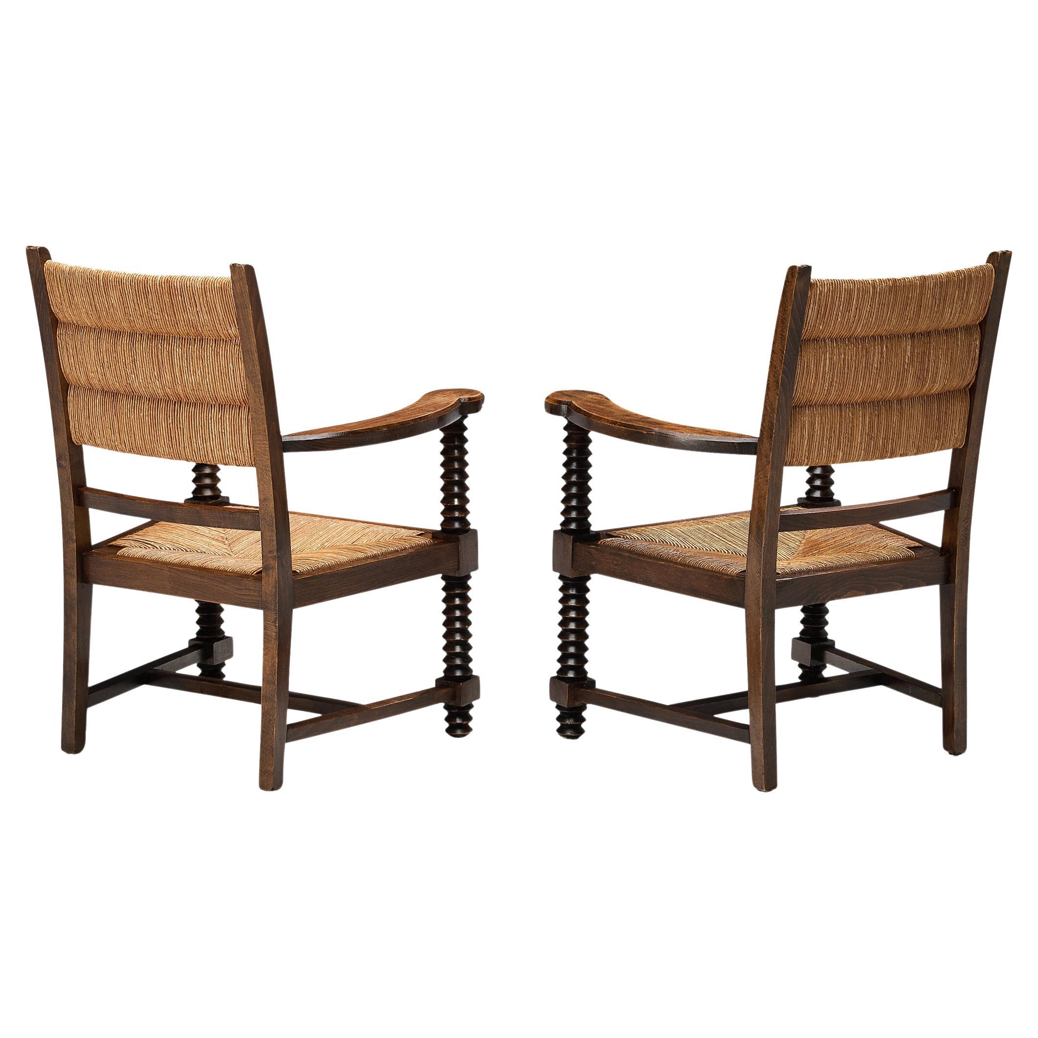 French Pair of Rustic Armchairs in Straw and Wood 
