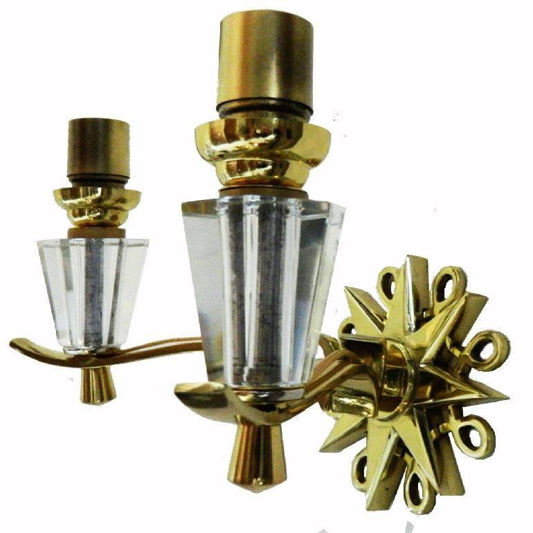 Beautiful bronze, brass and faceted glass pair of French sconces, circa 1940. Measures: Back-plate 5 inches diameter. Shades are not available at this time.
Wired for US and in working condition. 
Have a look on our the largest collection of French
