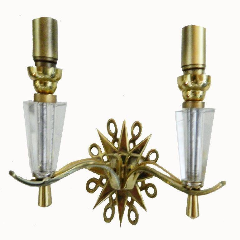 Mid-Century Modern French Pair of Sconces Wall Lights Bronze Brass Faceted Glass Neoclassical 1940  For Sale
