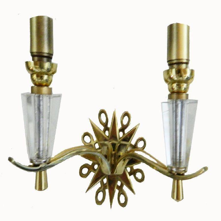 Mid-Century Modern French Pair of Sconces Wall Lights Bronze Brass Faceted Glass Neoclassical 1940 For Sale