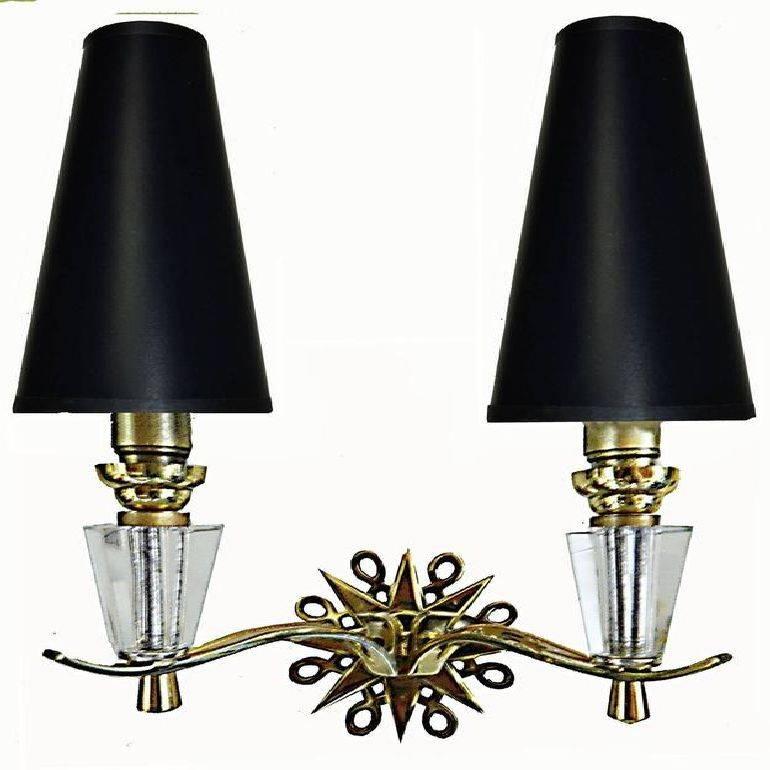 French Pair of Sconces Wall Lights Bronze Brass Faceted Glass Neoclassical 1940  In Good Condition For Sale In Miami, FL