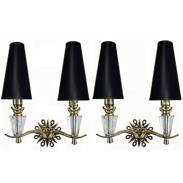 French Pair of Sconces Wall Lights Bronze Brass Faceted Glass Neoclassical 1940  For Sale
