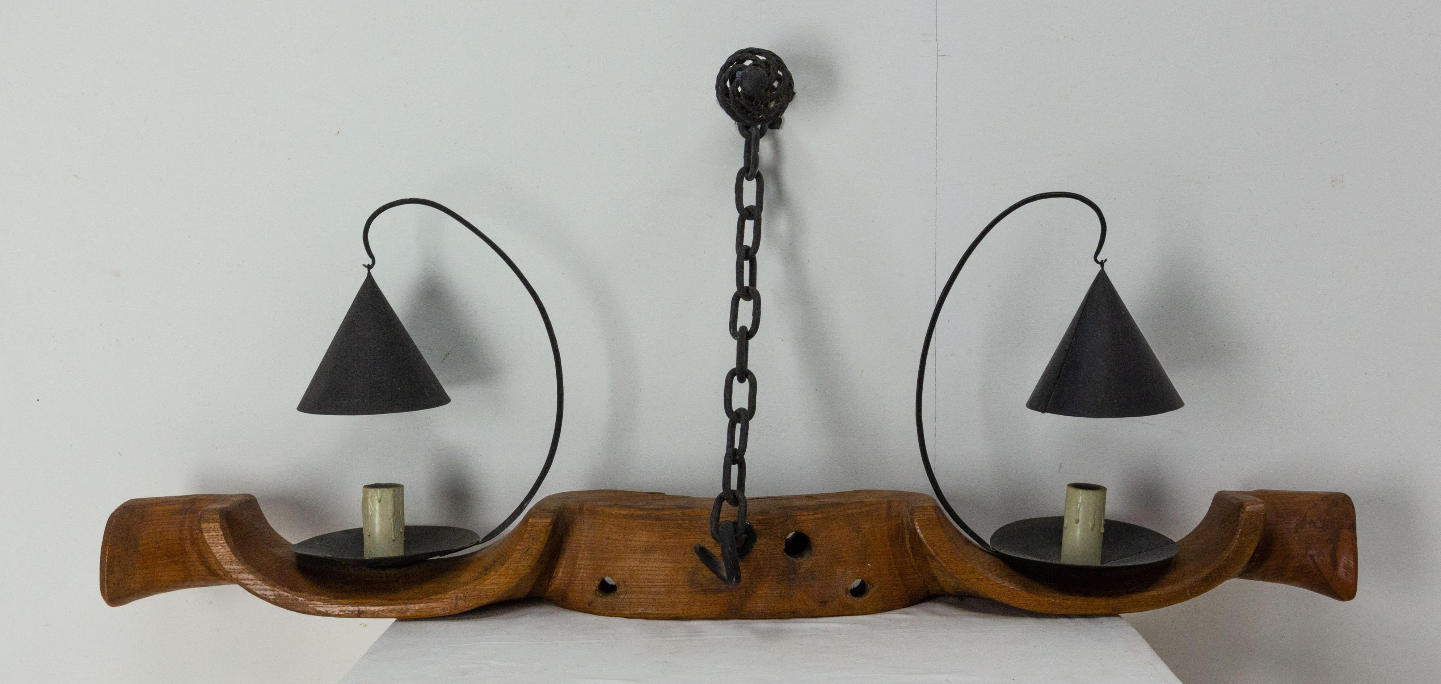 French Pair of Sconces Yoke Elm and Iron Double Lamps Mid-Century For Sale 1