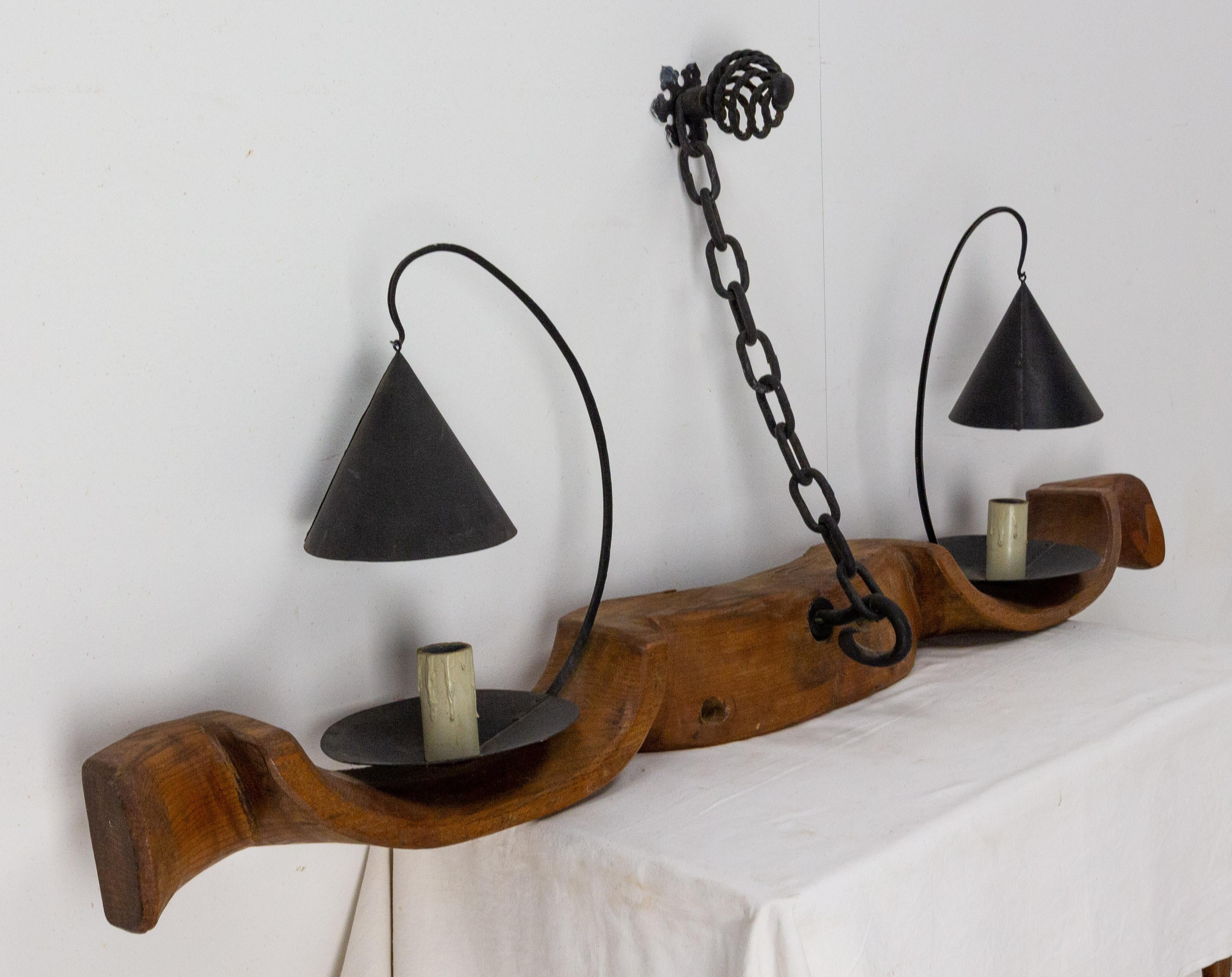 French Pair of Sconces Yoke Elm and Iron Double Lamps Mid-Century For Sale 2