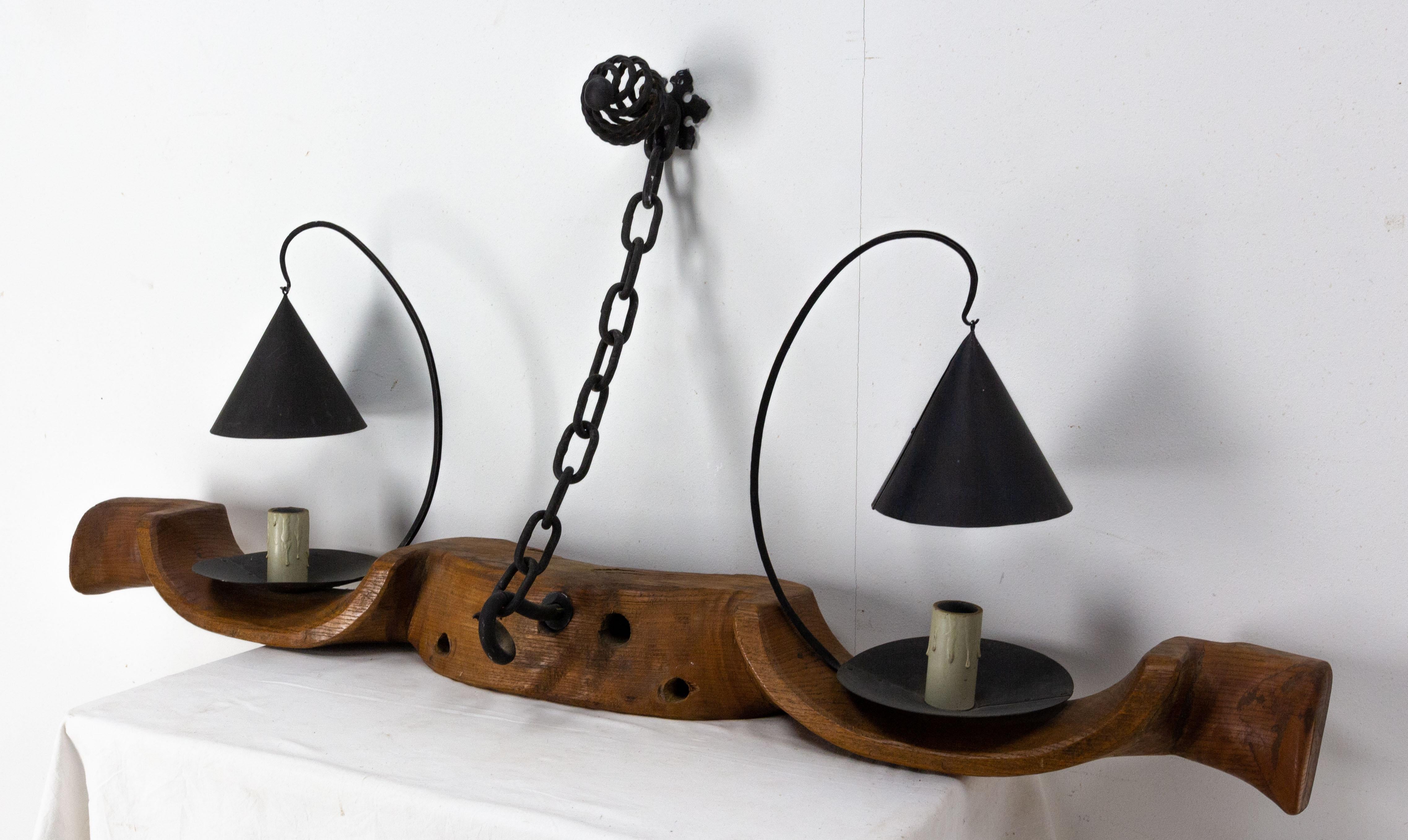 French Pair of Sconces Yoke Elm and Iron Double Lamps Mid-Century For Sale 3