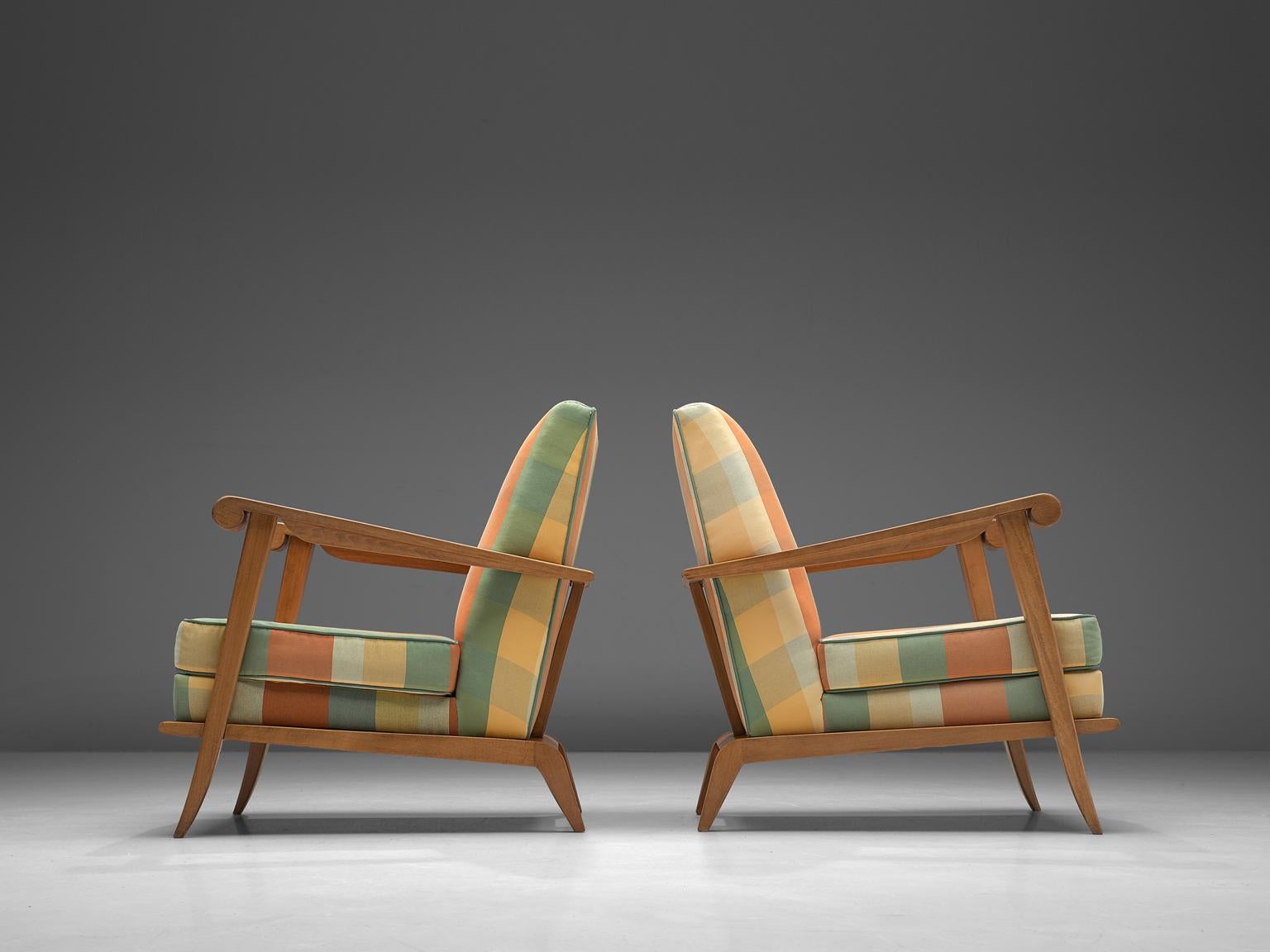 Mid-20th Century French Pair of Sculptural Lounge Chairs in Oak and Fabric