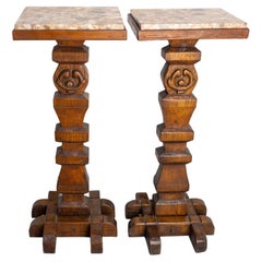 French Pair of Sellettes or Plant Holder Marble & Wood Brutalist St, circa 1940