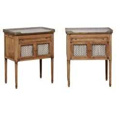 French Pair of Side Chests w/Brass Gallery Top, Drawer, & Wire Front Doors
