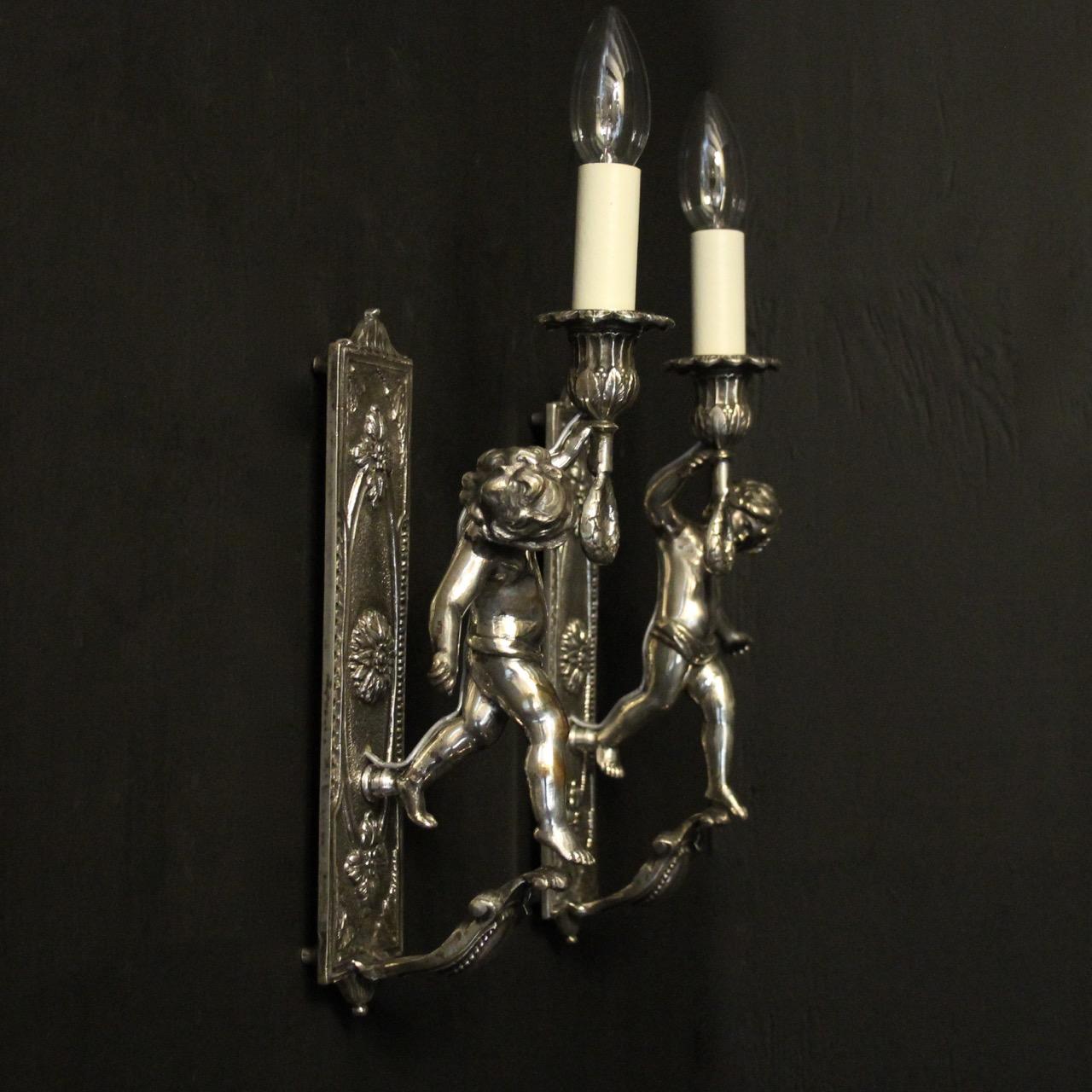 French Pair of Silver Gilded Bronze Cherubs Wall Lights 5