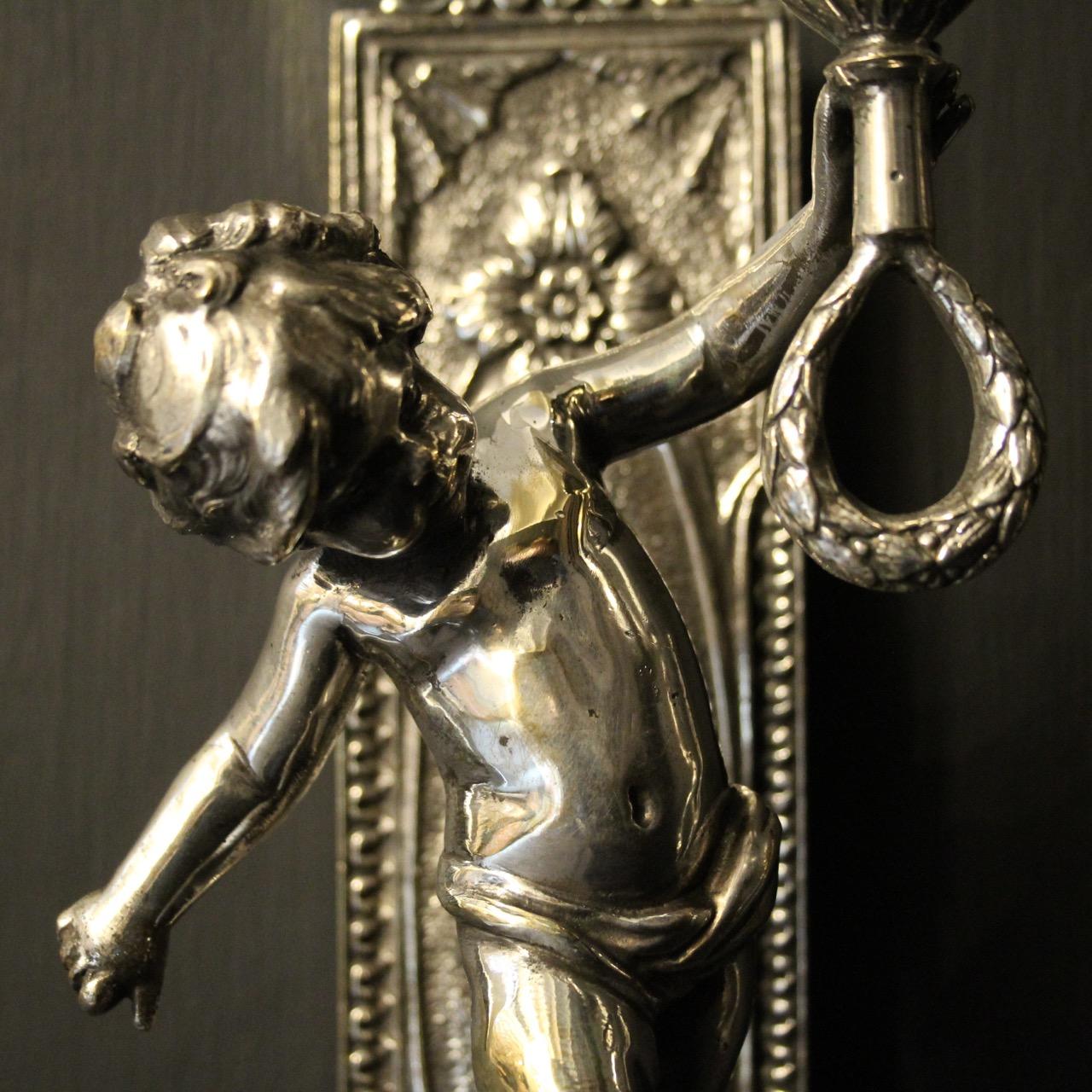 Silvered French Pair of Silver Gilded Bronze Cherubs Wall Lights