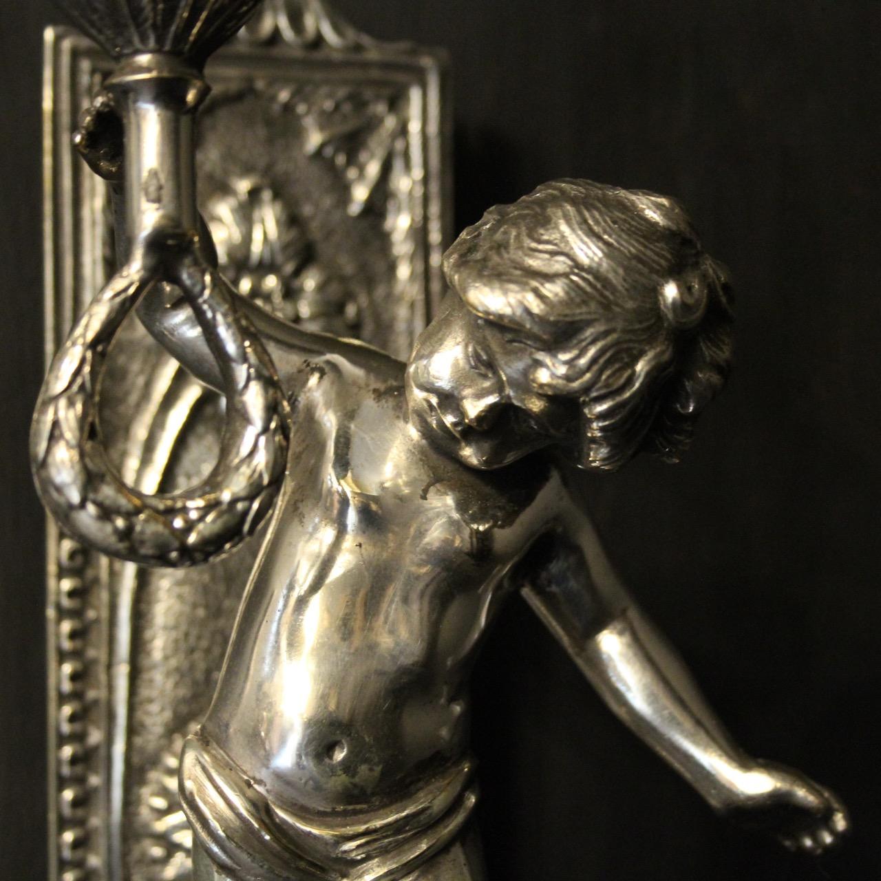 French Pair of Silver Gilded Bronze Cherubs Wall Lights In Good Condition In Chester, GB
