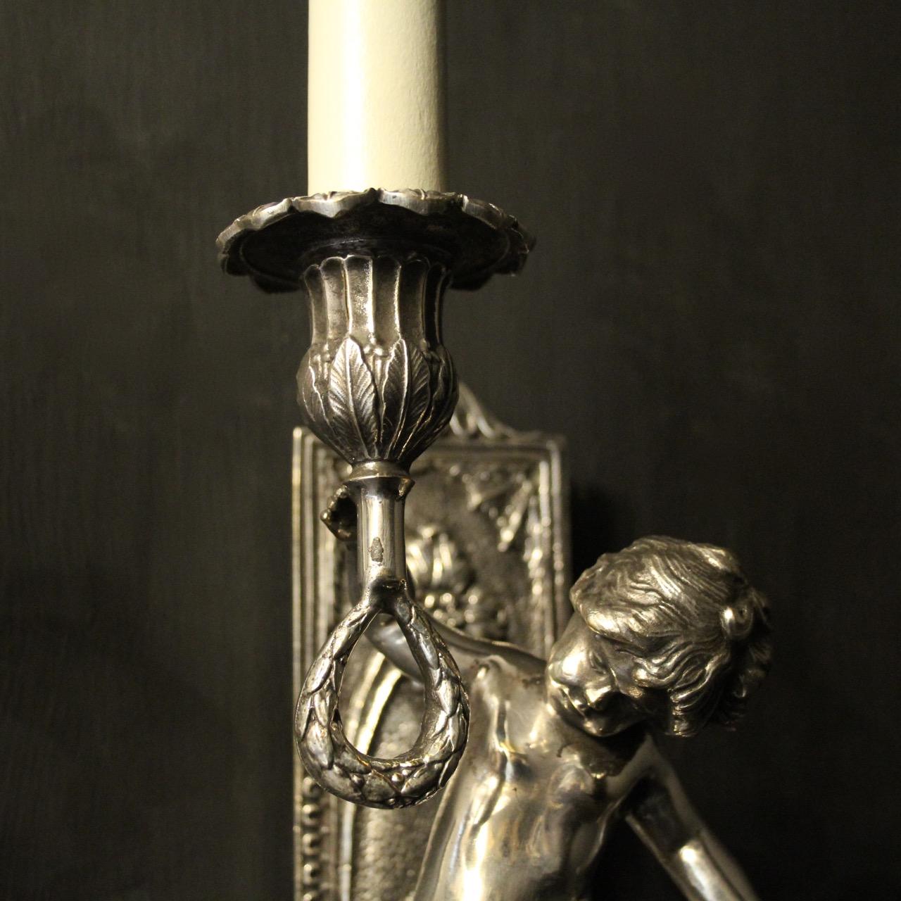 20th Century French Pair of Silver Gilded Bronze Cherubs Wall Lights