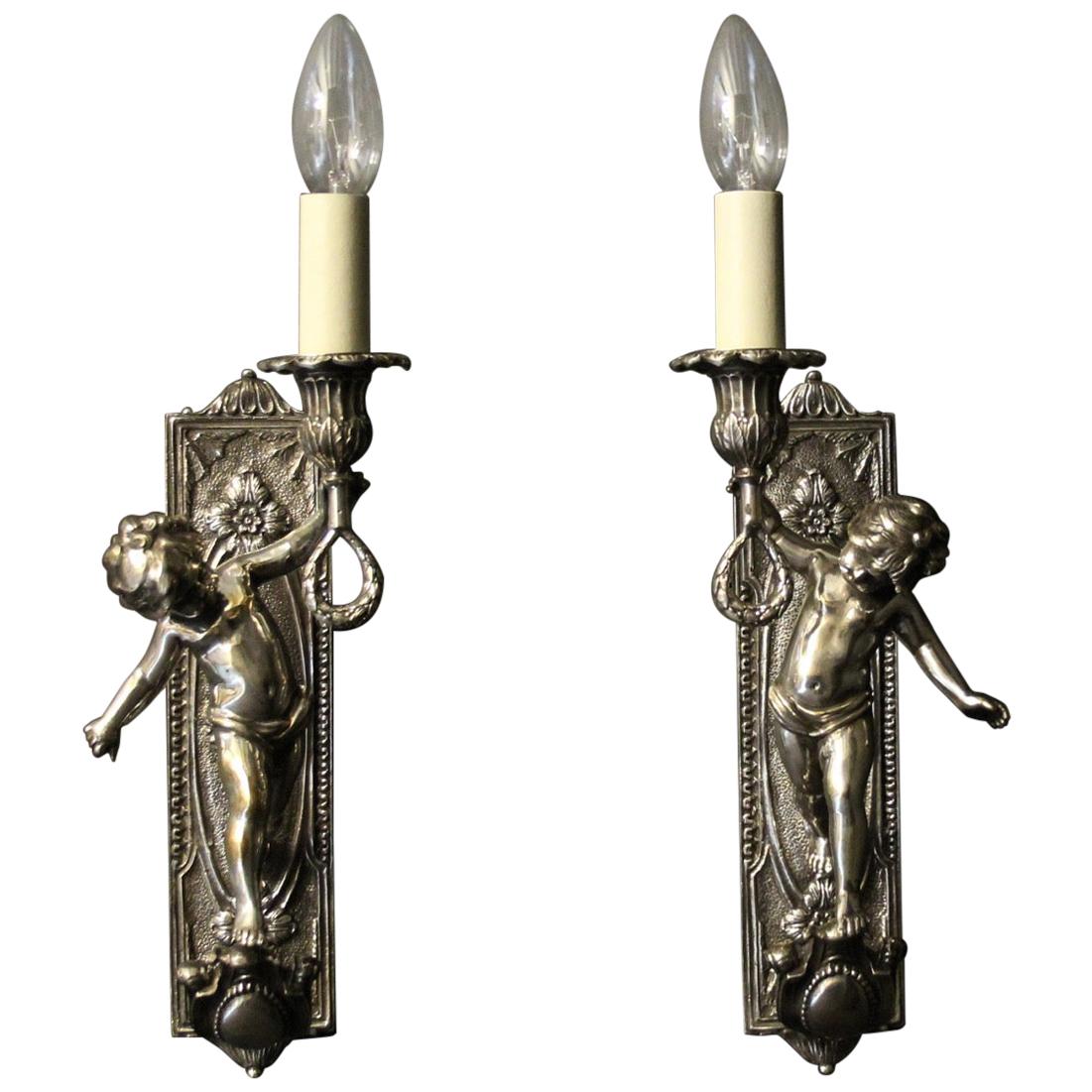 French Pair of Silver Gilded Bronze Cherubs Wall Lights