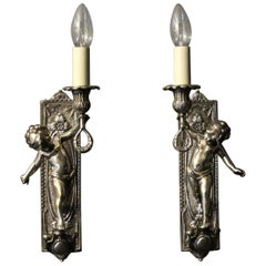 French Pair of Silver Gilded Bronze Cherubs Wall Lights