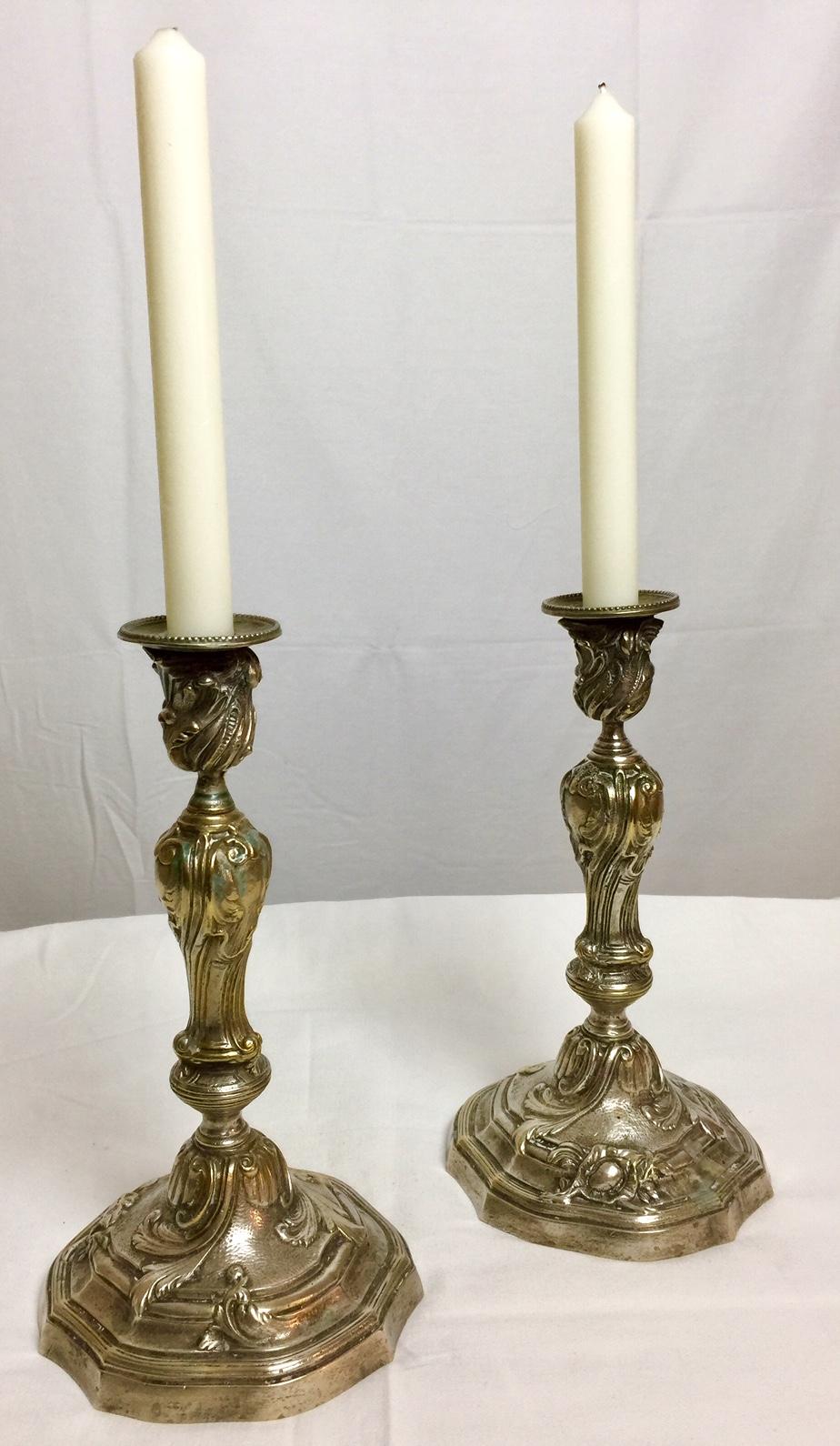19th Century French, Pair of Silvered Bronze Louis XV Style Candlesticks For Sale
